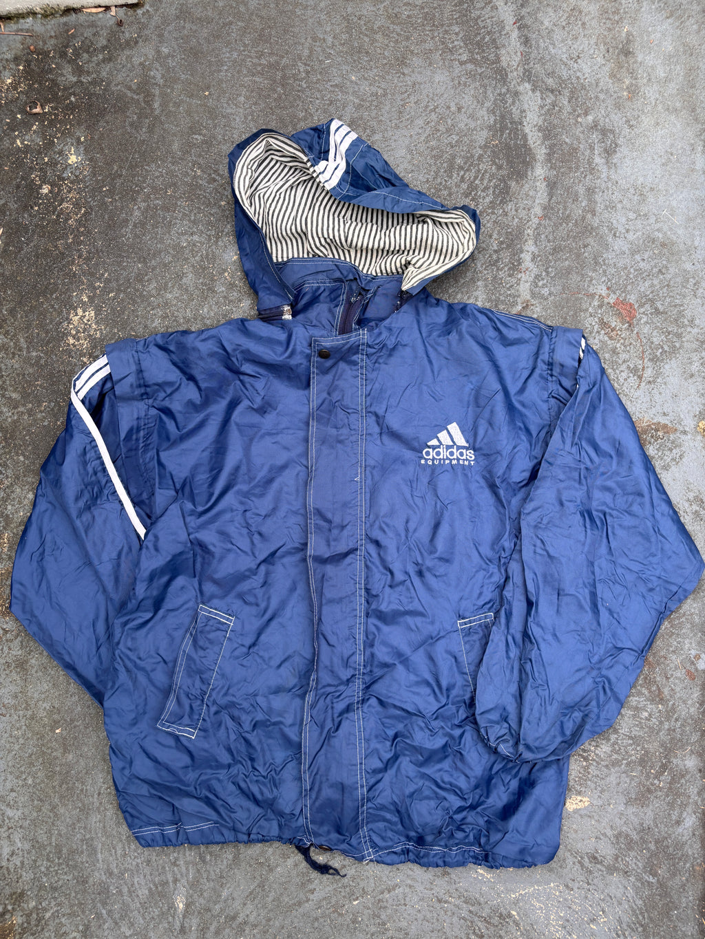 Vintage 90s Adidas Equiptment Jacket Size M Navy White Large Logo Nylon Zip Off Windbreaker