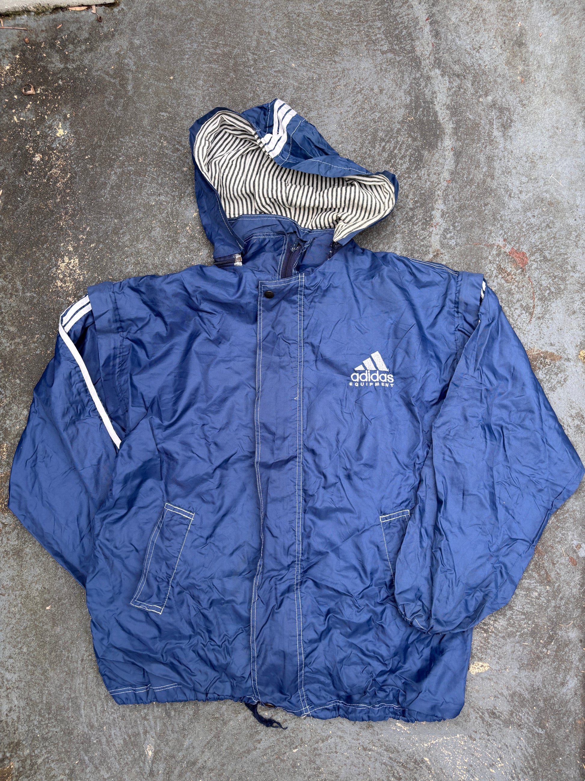 Vintage 90s Adidas Equiptment Jacket Size M Navy White Large Logo Nylon Zip Off Windbreaker