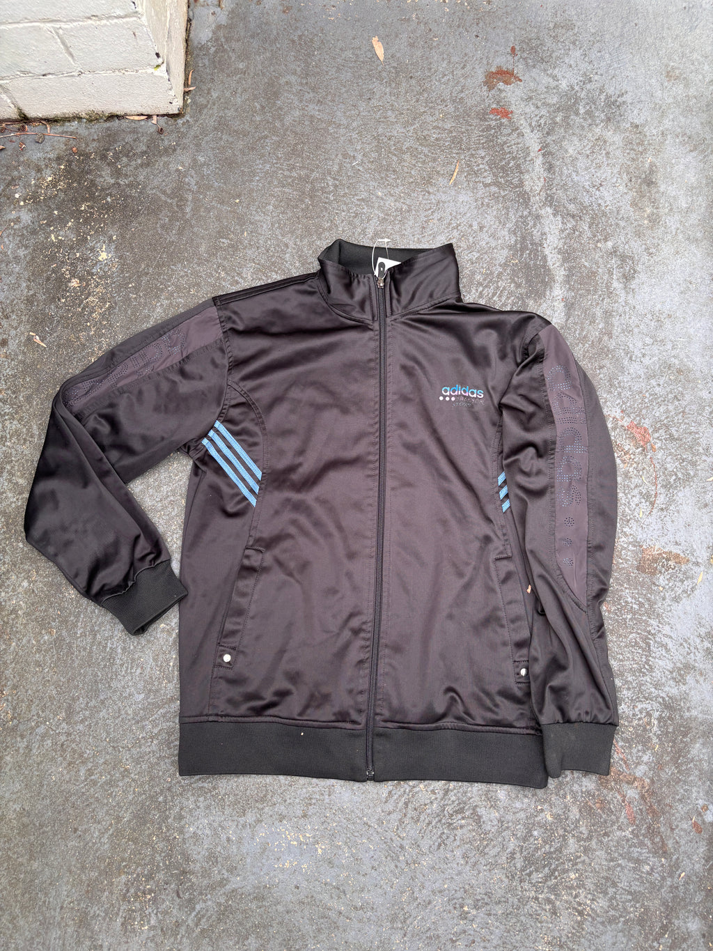 Vintage Y2K Adidas Asia Jacket Size Womens S Black Blue Spell Out Logo Satin Finish