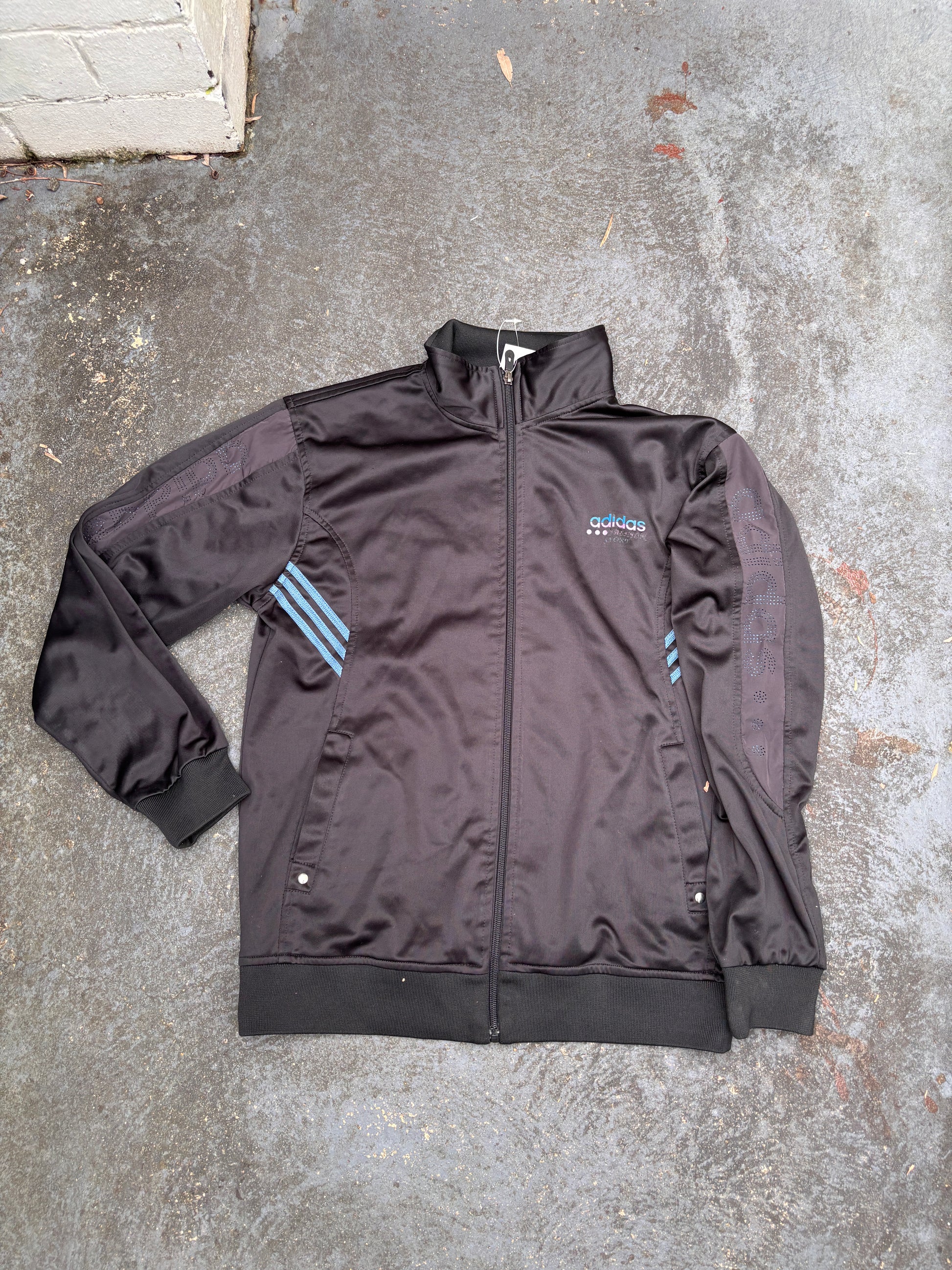 Vintage Y2K Adidas Asia Jacket Size Womens S Black Blue Spell Out Logo Satin Finish