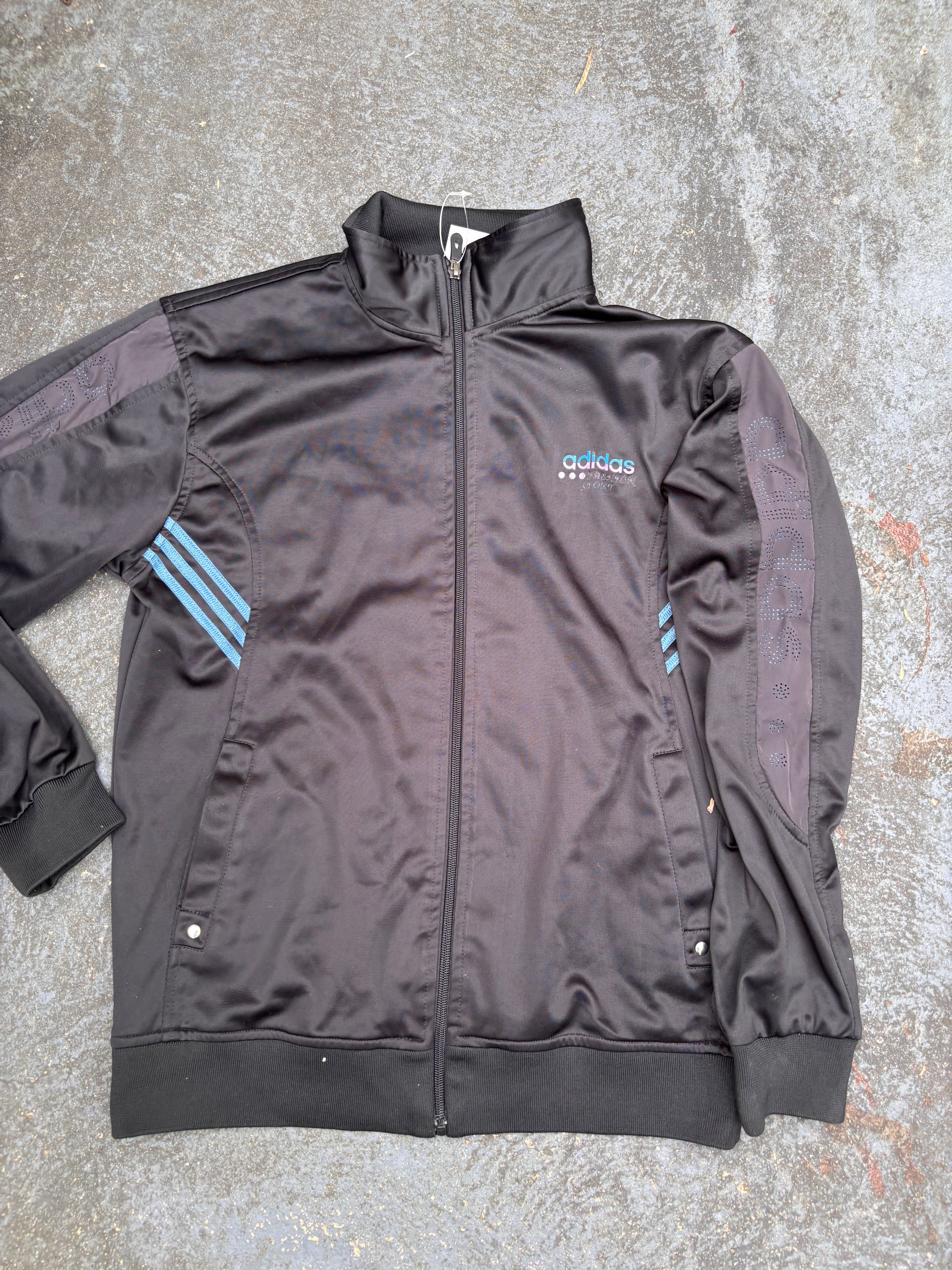 Vintage Y2K Adidas Asia Jacket Size Womens S Black Blue Spell Out Logo Satin Finish