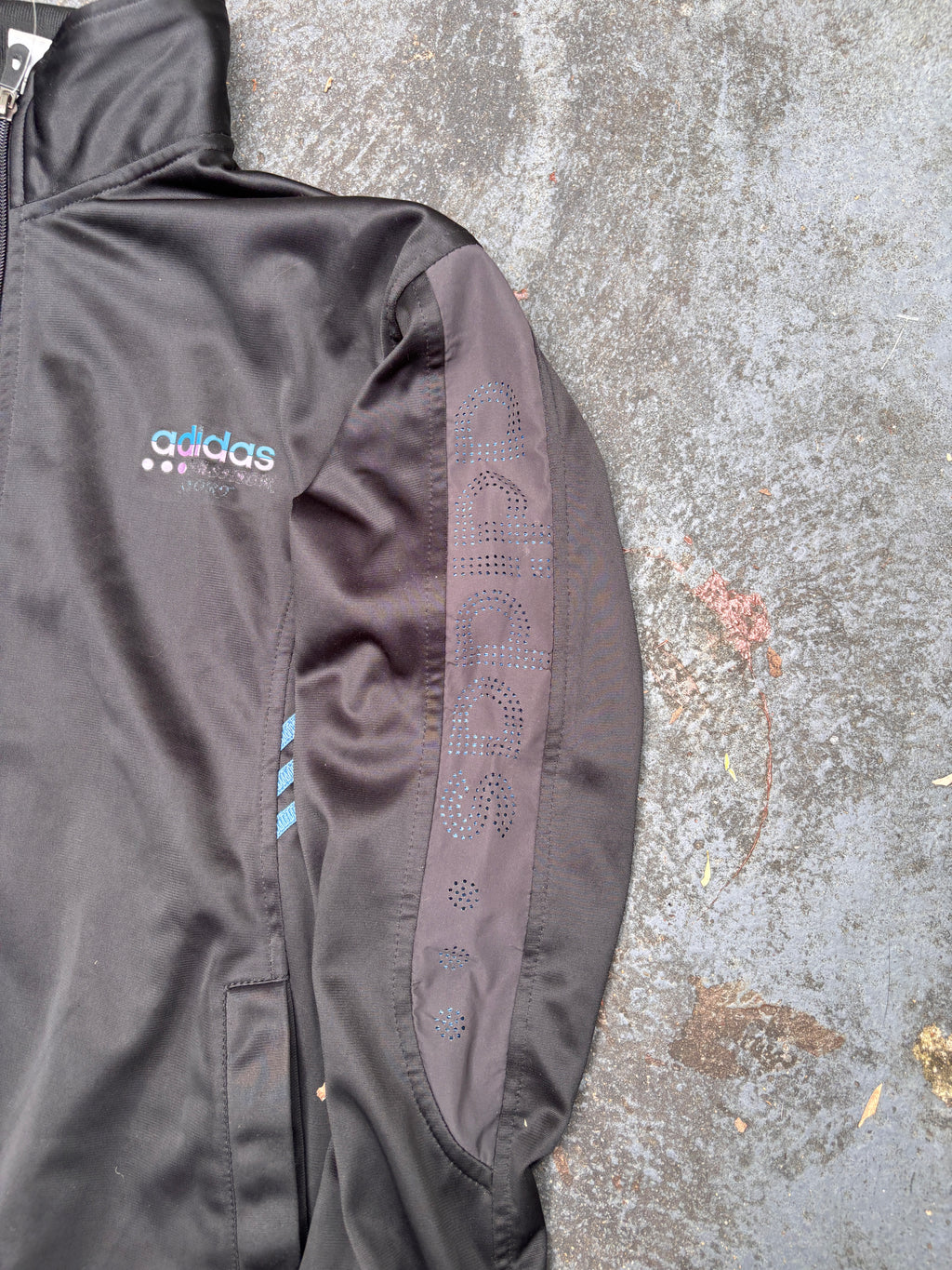 Vintage Y2K Adidas Asia Jacket Size Womens S Black Blue Spell Out Logo Satin Finish