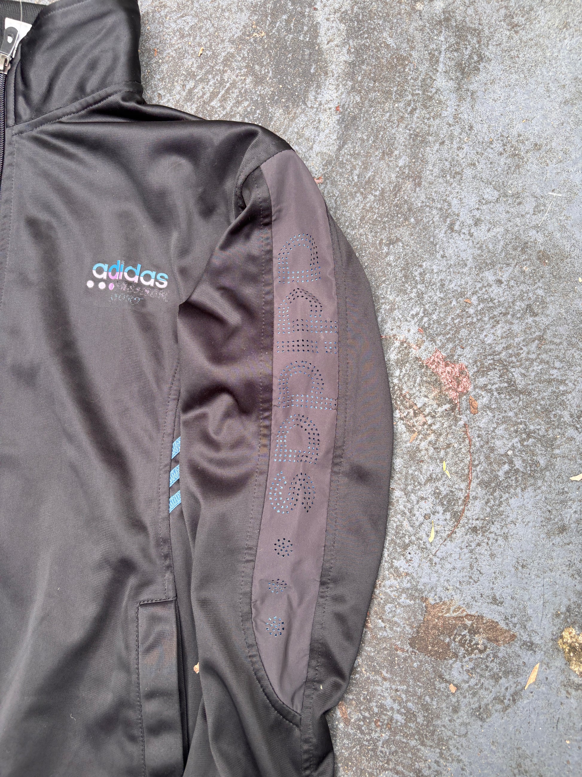 Vintage Y2K Adidas Asia Jacket Size Womens S Black Blue Spell Out Logo Satin Finish