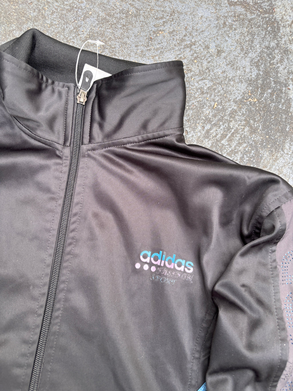 Vintage Y2K Adidas Asia Jacket Size Womens S Black Blue Spell Out Logo Satin Finish