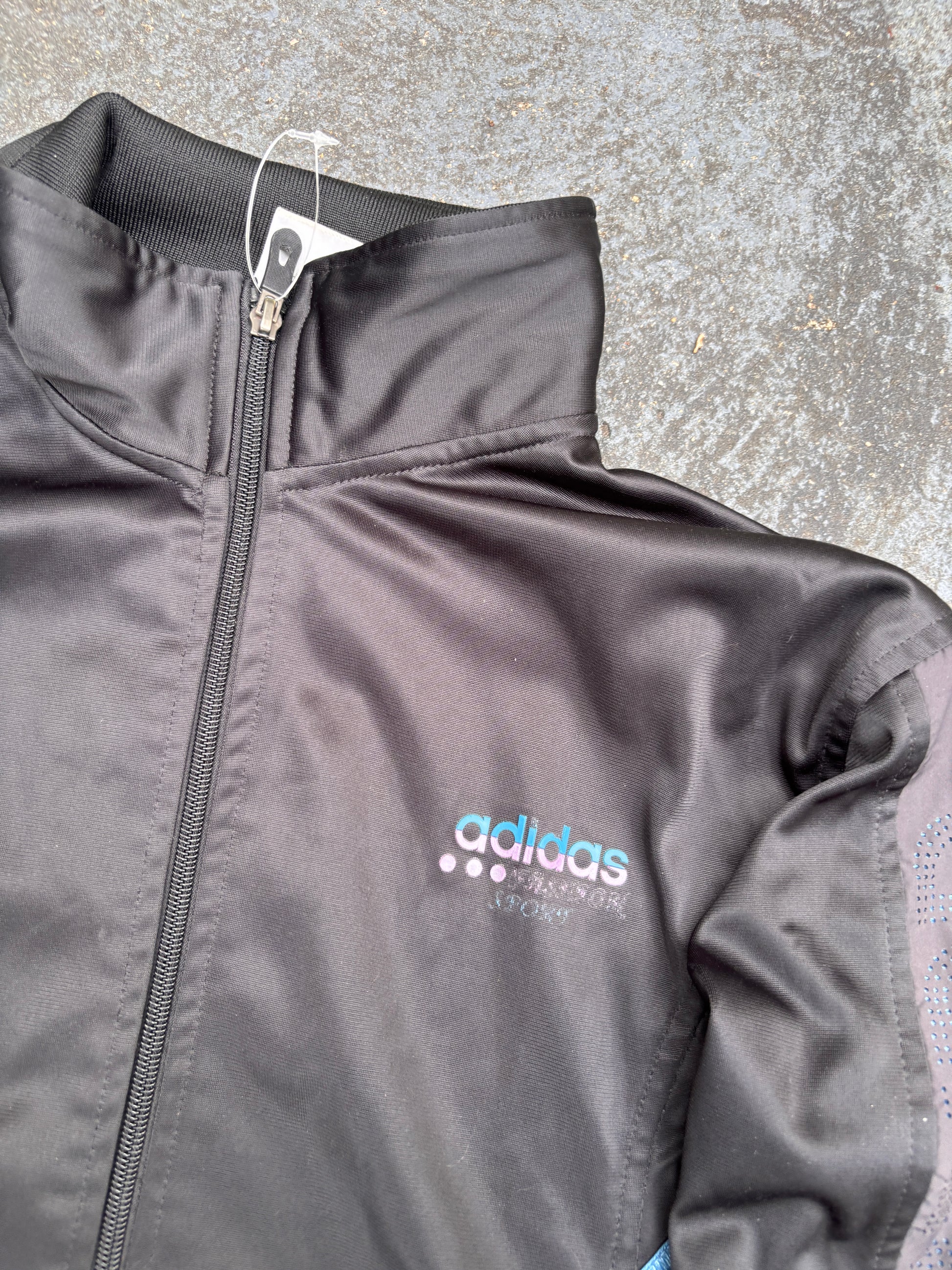 Vintage Y2K Adidas Asia Jacket Size Womens S Black Blue Spell Out Logo Satin Finish