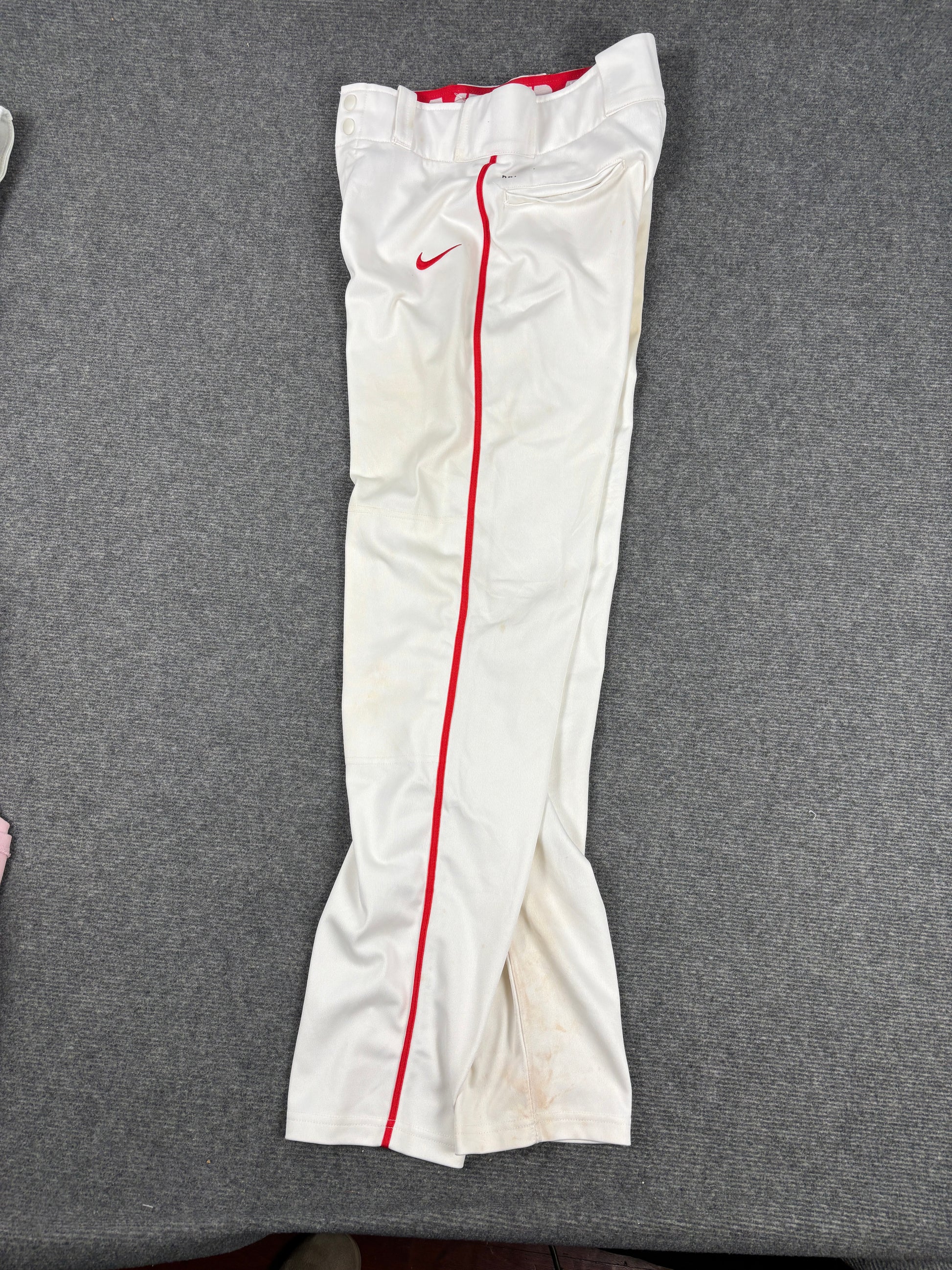 Nike Baseball Pants Size S White Red Detail Straight Leg Button Zip