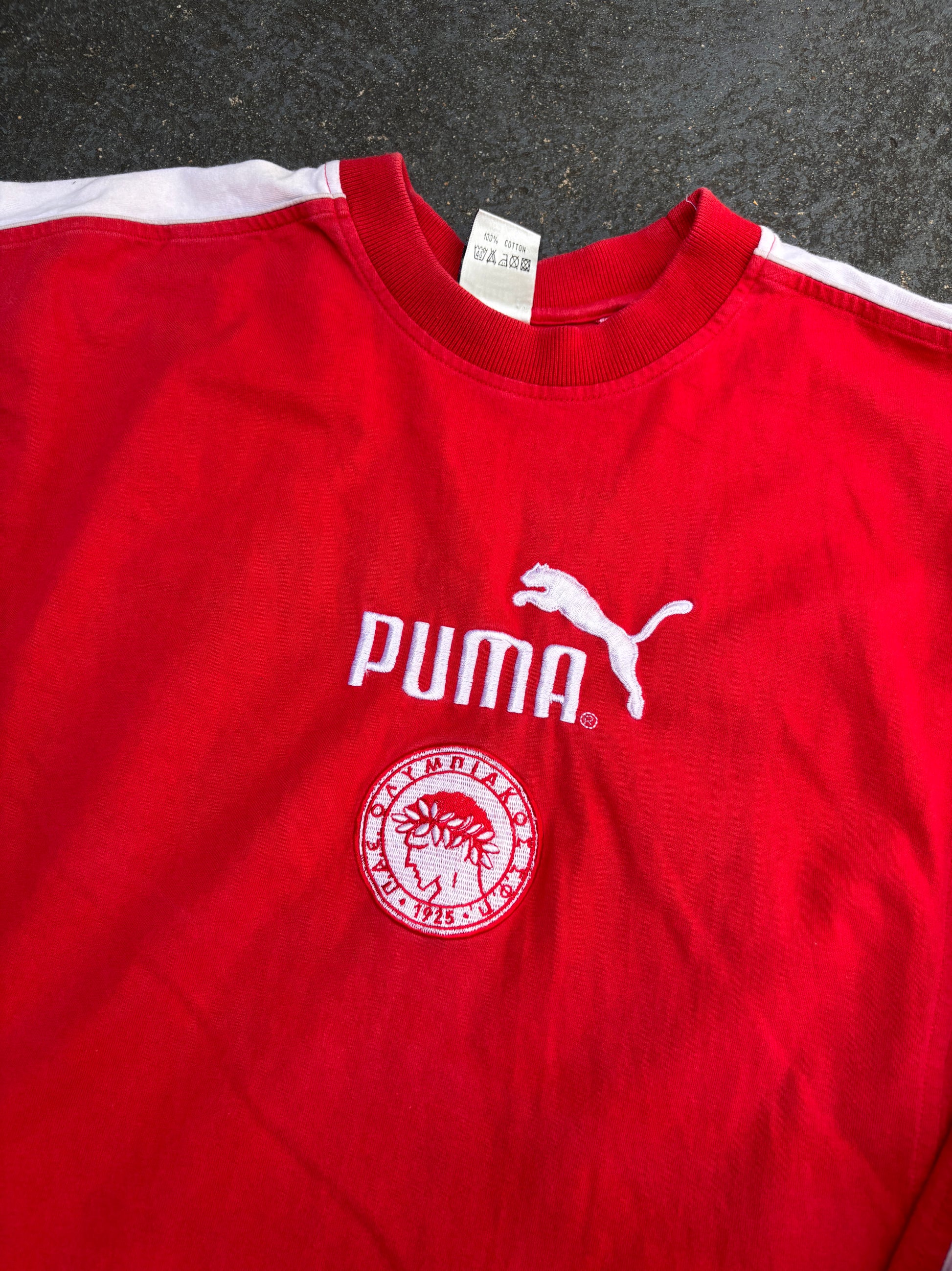 Vintage 90s Puma Jumper Size M Red White Olympiacos Football Team Long Sleeve