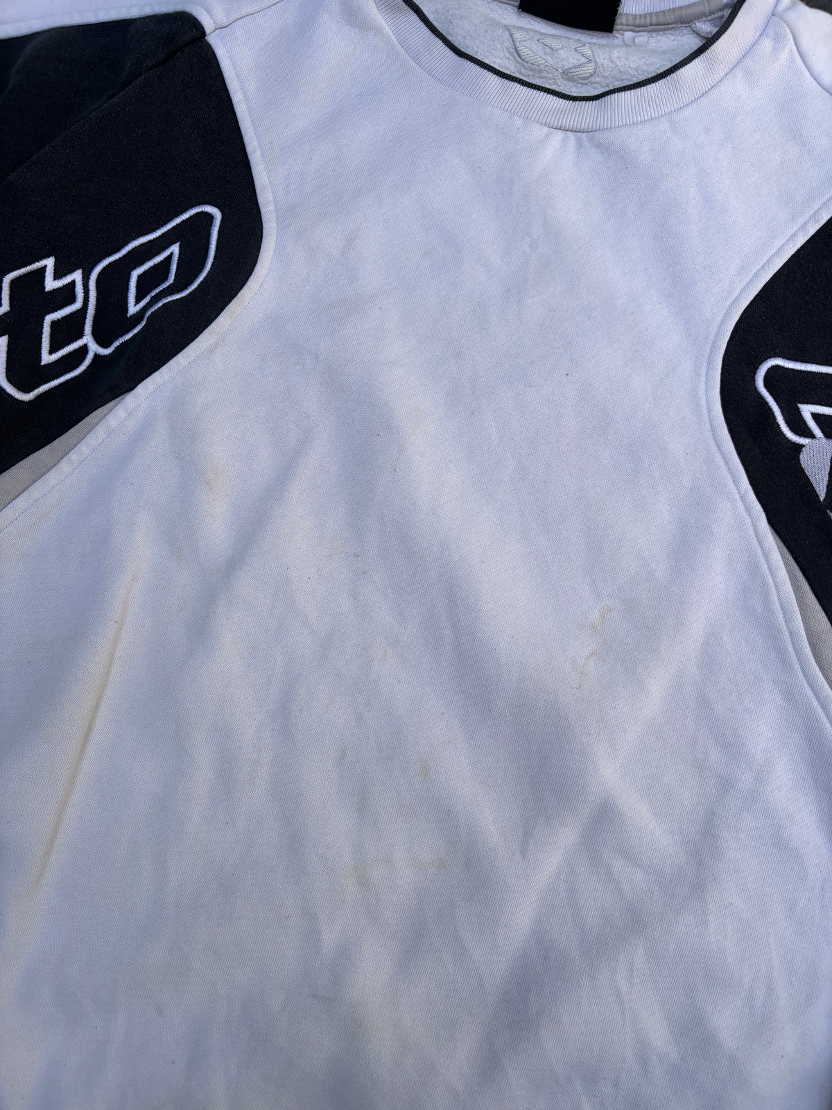 Vintage 90s Lotto Jumper Size XL White Black Spell Out Embroidered Logo Sweatshirt