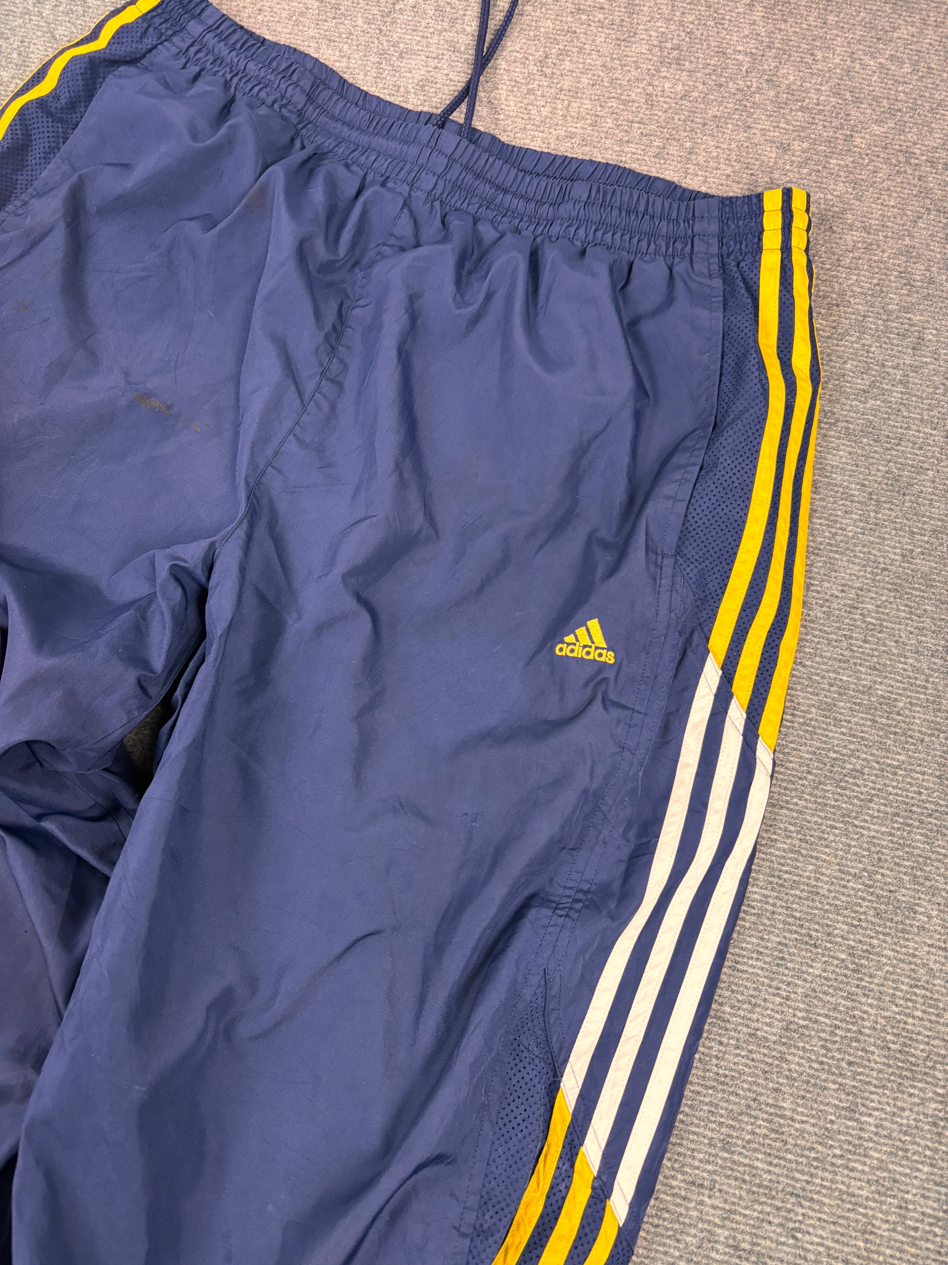 Vintage Y2K Adidas Track Pants Size XL Navy Yellow Logo Wide Leg Windbreaker