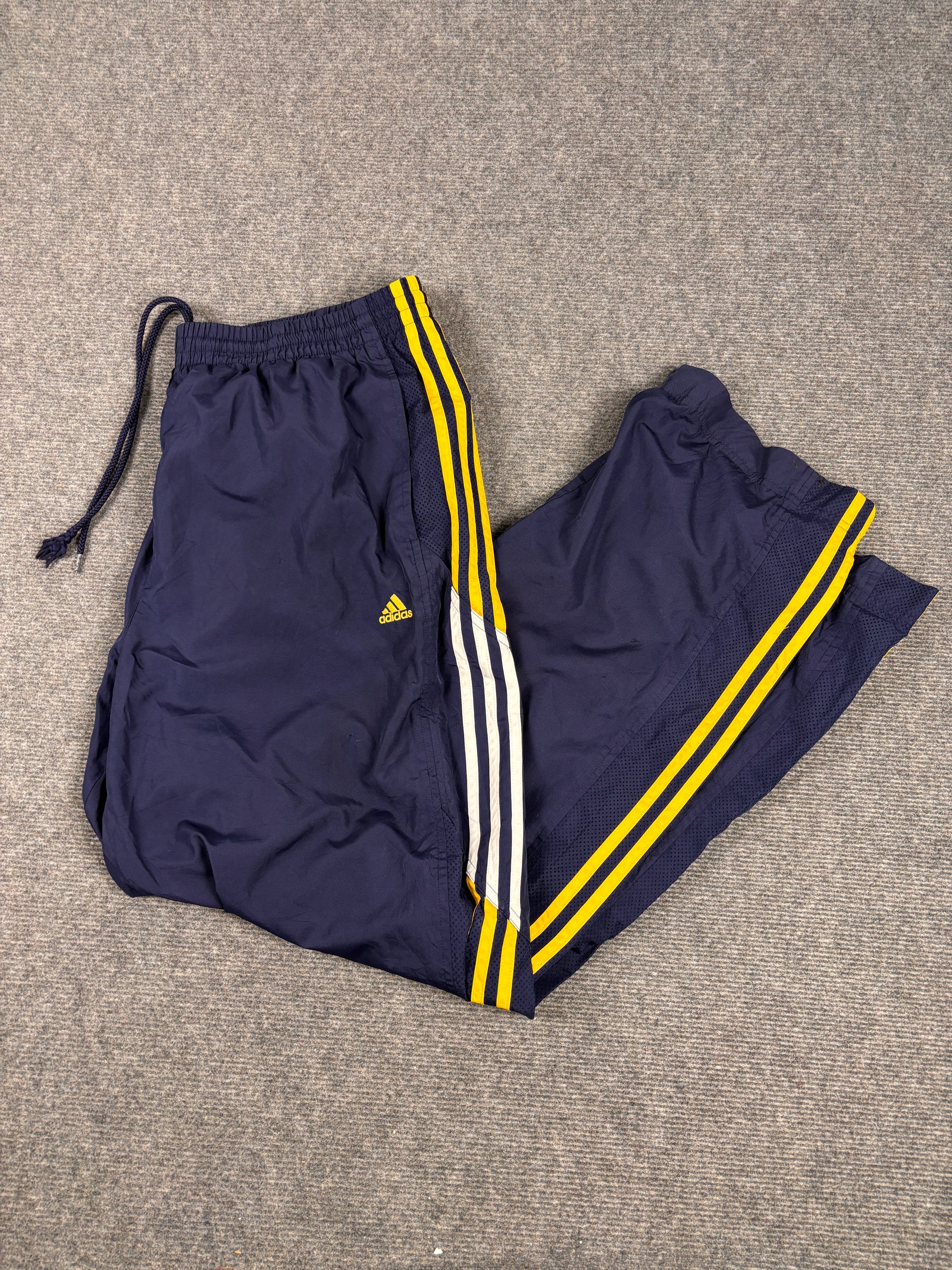 Vintage Y2K Adidas Track Pants Size XL Navy Yellow Logo Wide Leg Windbreaker