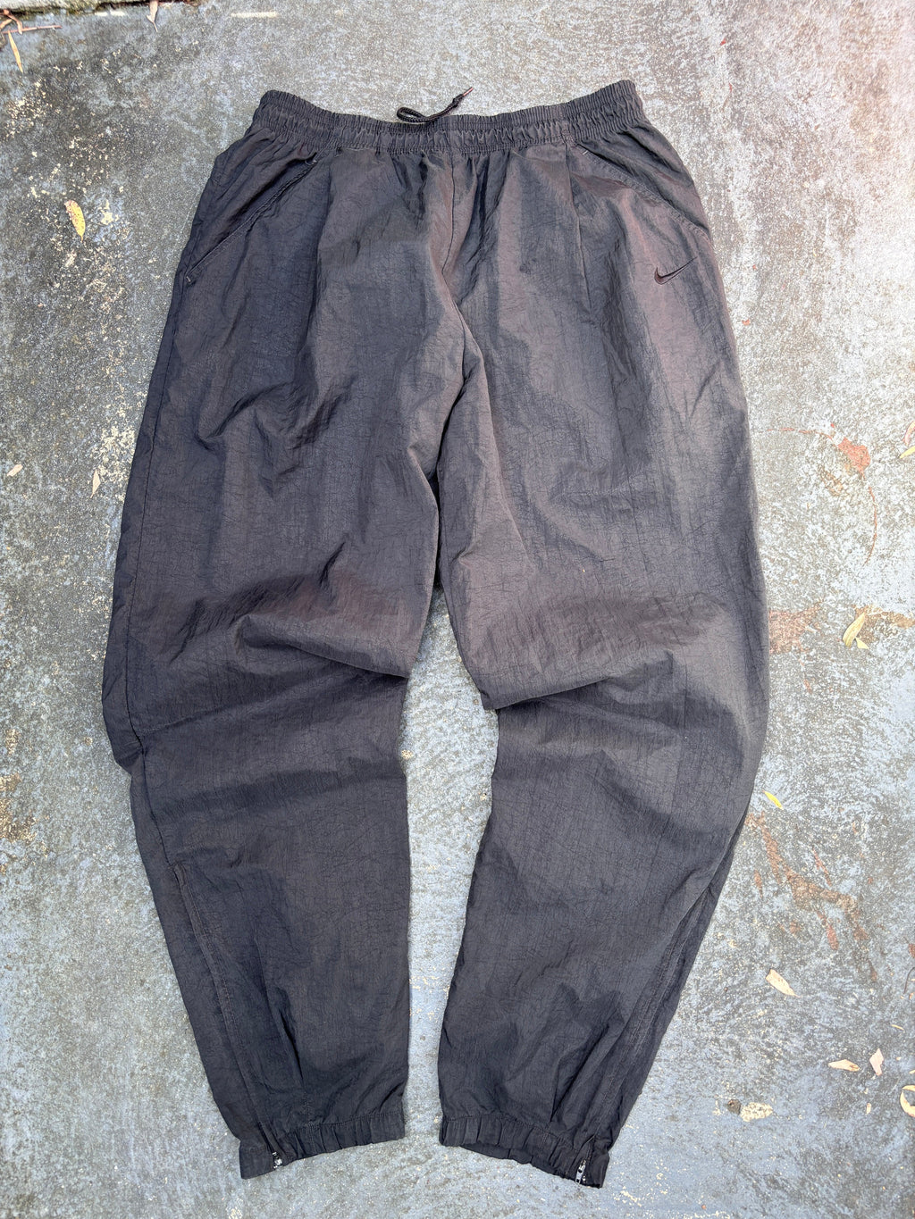 Vintage 90s Nike Track Pants Size L Double Black Swoosh Wide Leg Cuffed Windbreaker