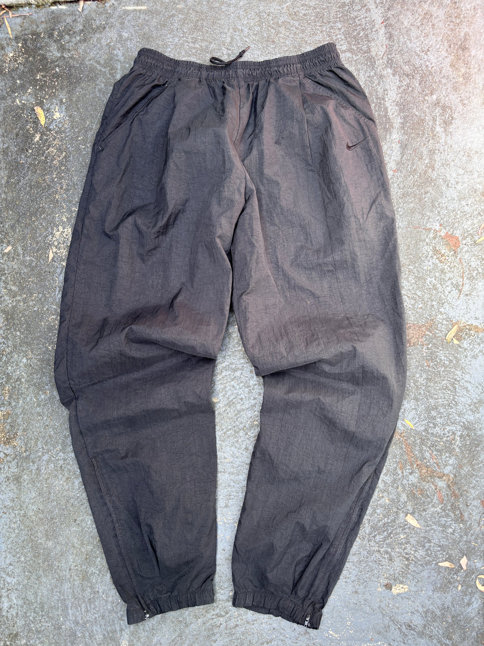 Vintage 90s Nike Track Pants Size L Double Black Swoosh Wide Leg Cuffed Windbreaker