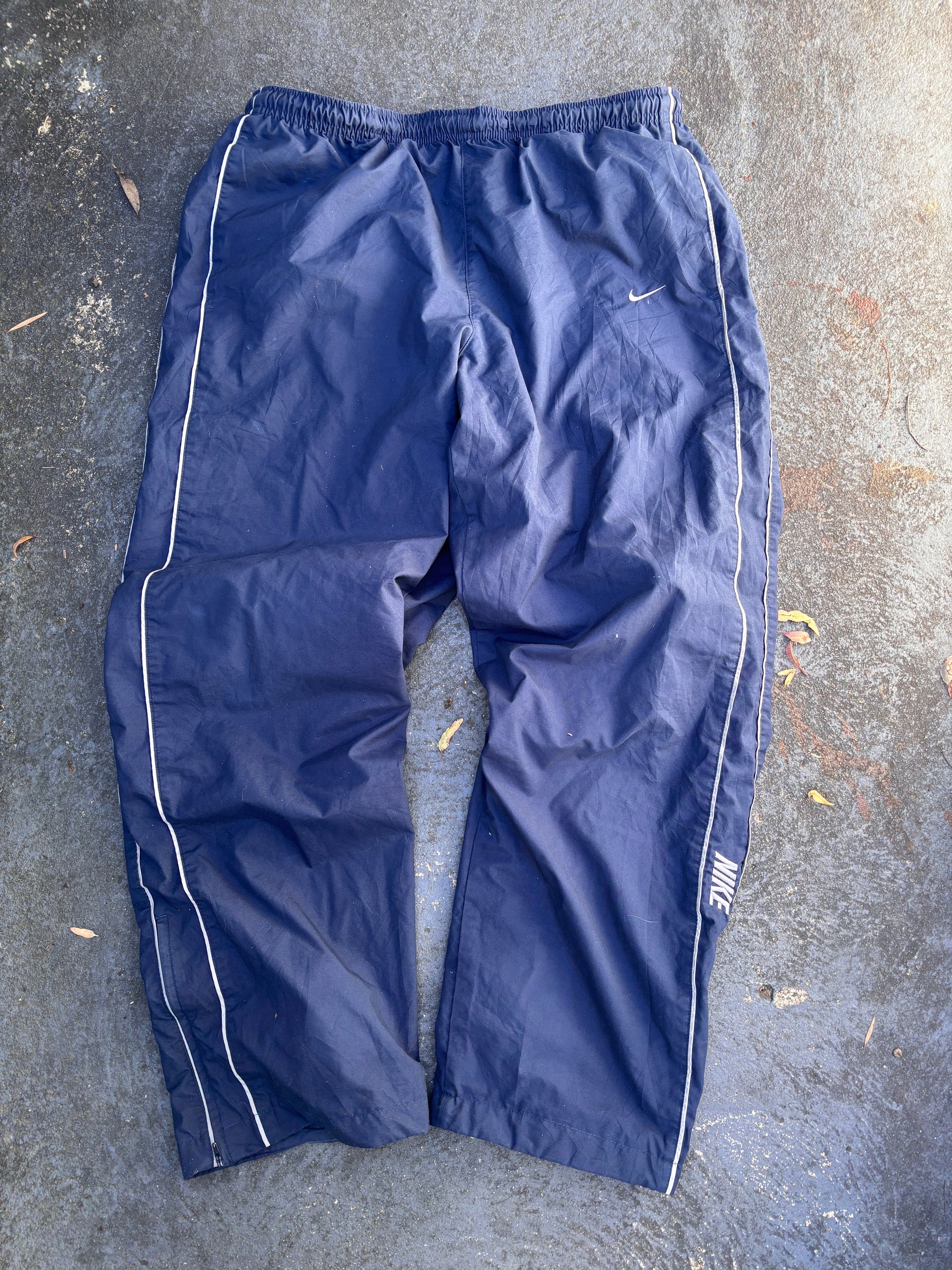 Vintage Y2K Nike Track Pants Size L Navy Grey Piping Spell Out Wide Leg Ankle Zip