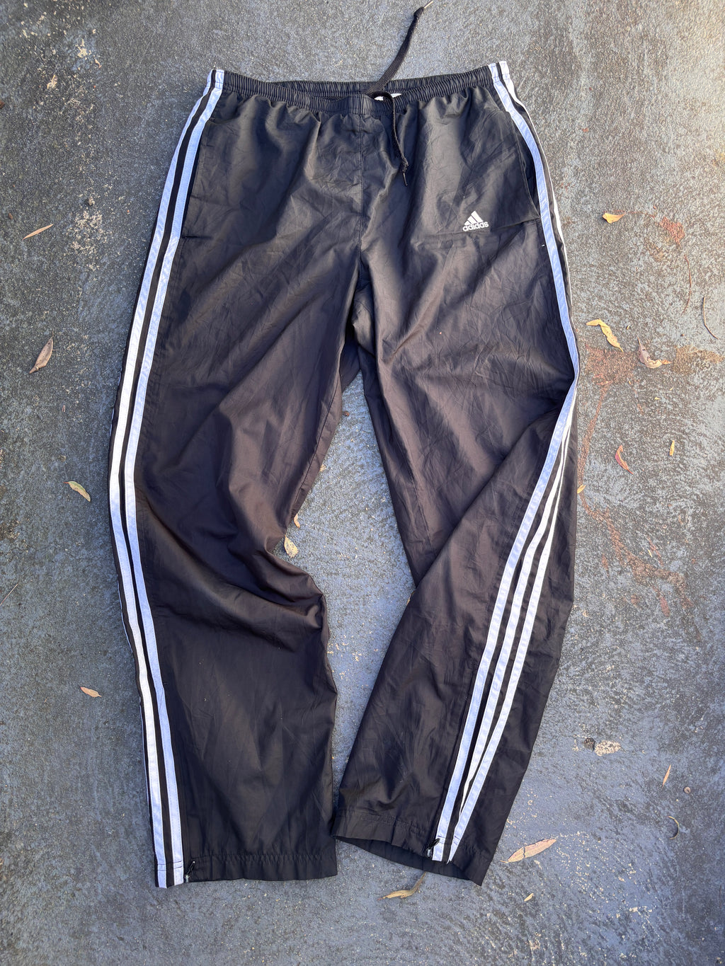 Vintage Y2K Adidas Track Pants Size M Black White 3-Stripes Wide Leg Ankle Zip