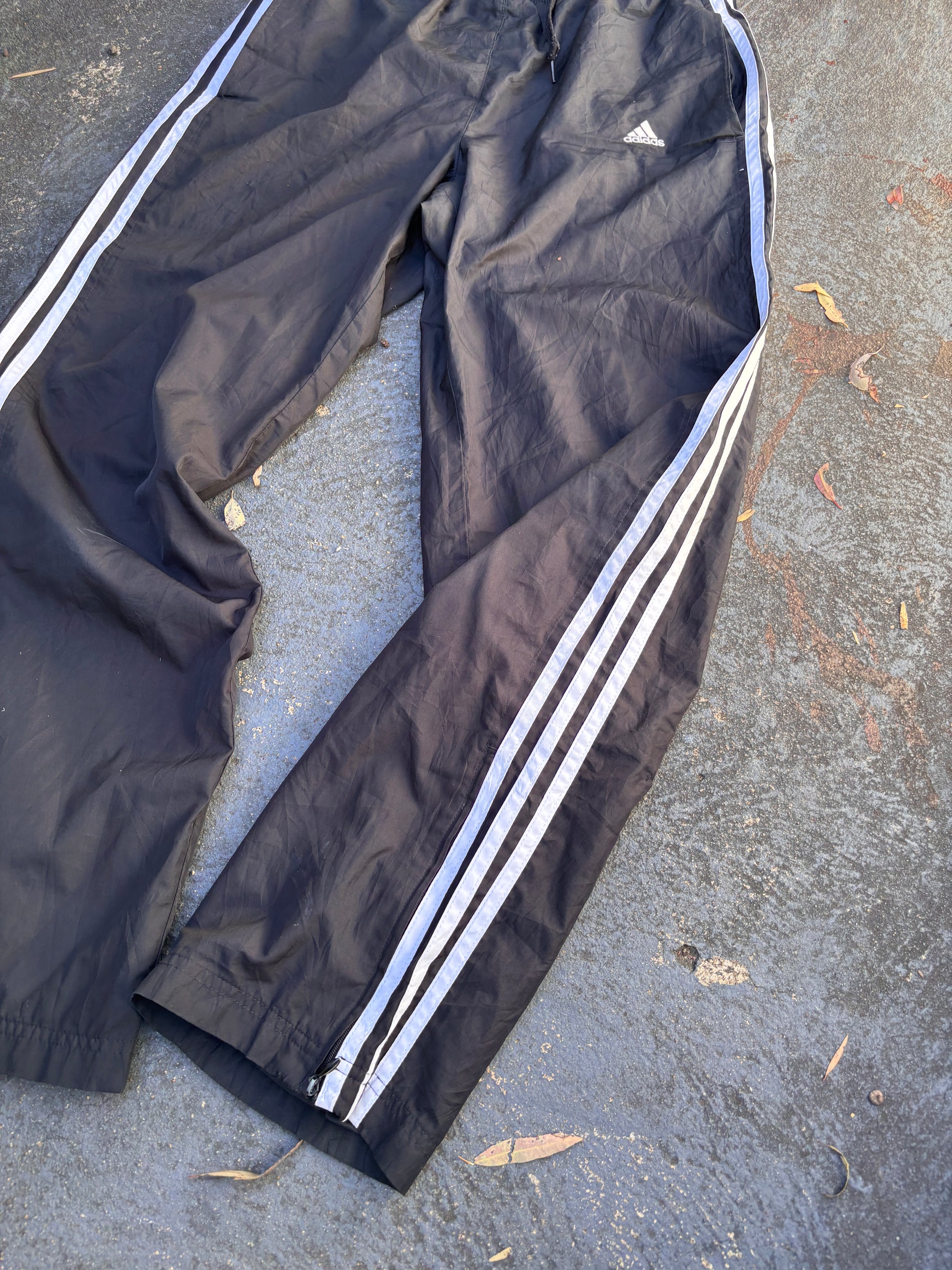 Vintage Y2K Adidas Track Pants Size M Black White 3-Stripes Wide Leg Ankle Zip