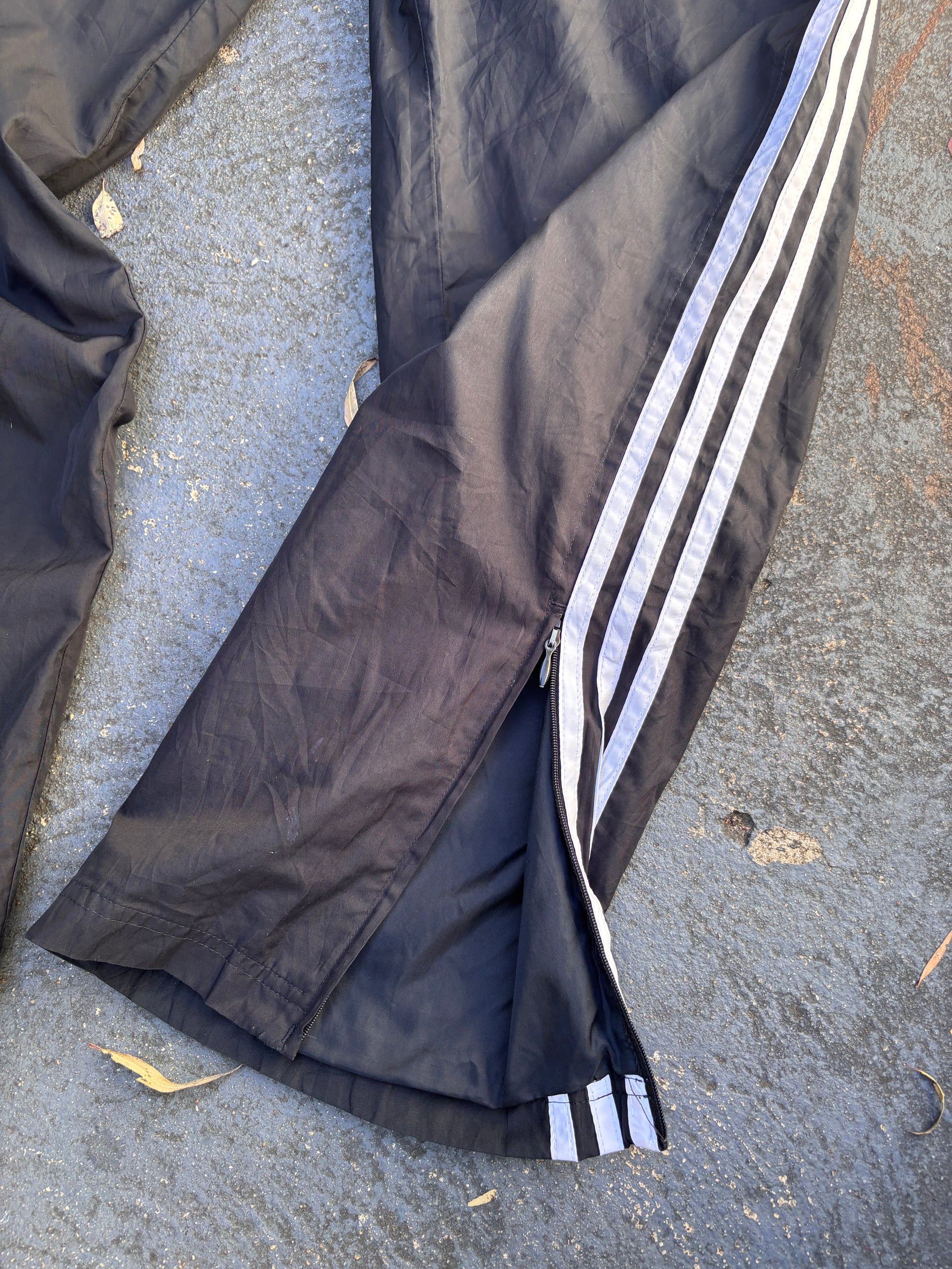 Vintage Y2K Adidas Track Pants Size M Black White 3-Stripes Wide Leg Ankle Zip