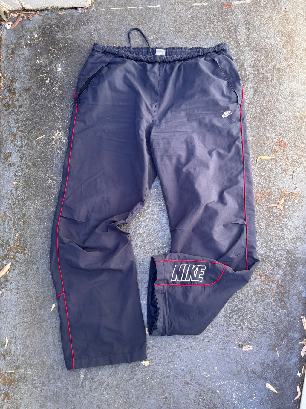 Vintage Y2K Nike Track Pants Size L Navy Red Piping Spell Out Wide Leg Classic