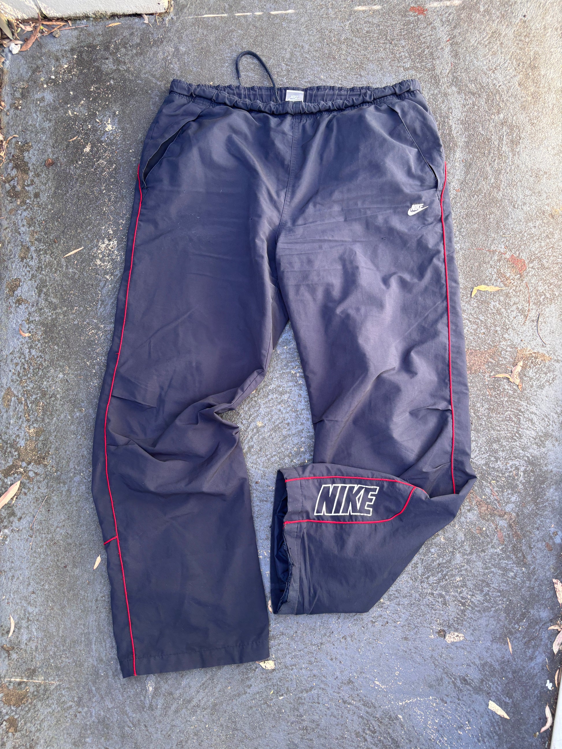Vintage Y2K Nike Track Pants Size L Navy Red Piping Spell Out Wide Leg Classic
