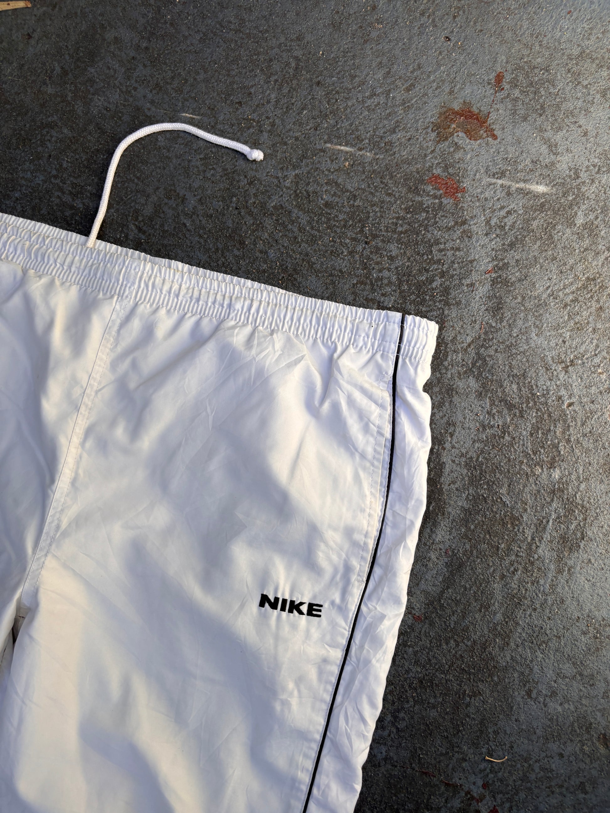 Vintage 90s Nike Spain Track Pants Size L White Navy Piping Spell Out RARE