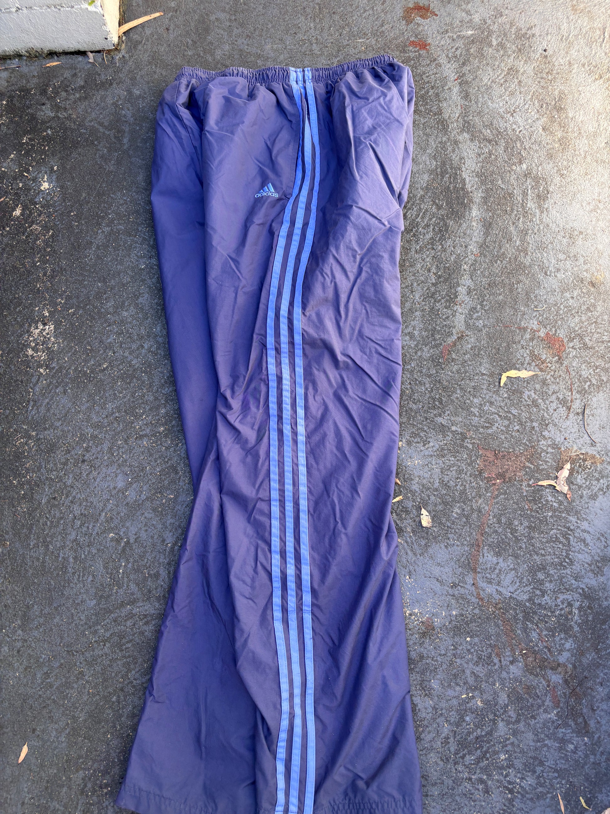 Vintage 90s Adidas Track Pants Size L Purple Blue 3-Stripes Wide Leg Ankle Zip