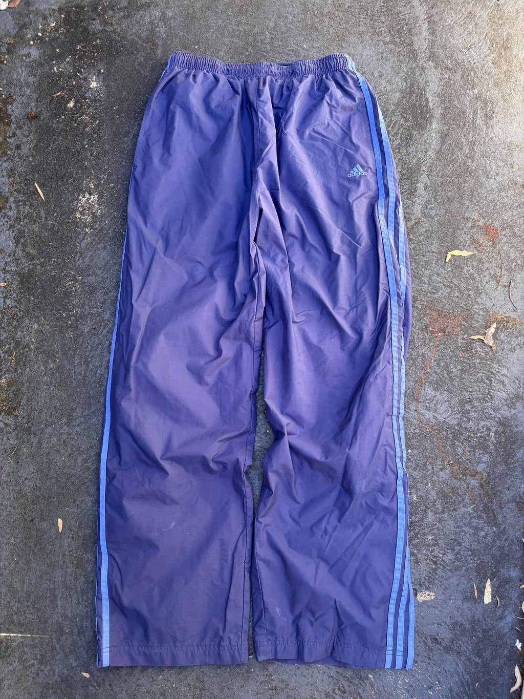 Vintage 90s Adidas Track Pants Size L Purple Blue 3-Stripes Wide Leg Ankle Zip
