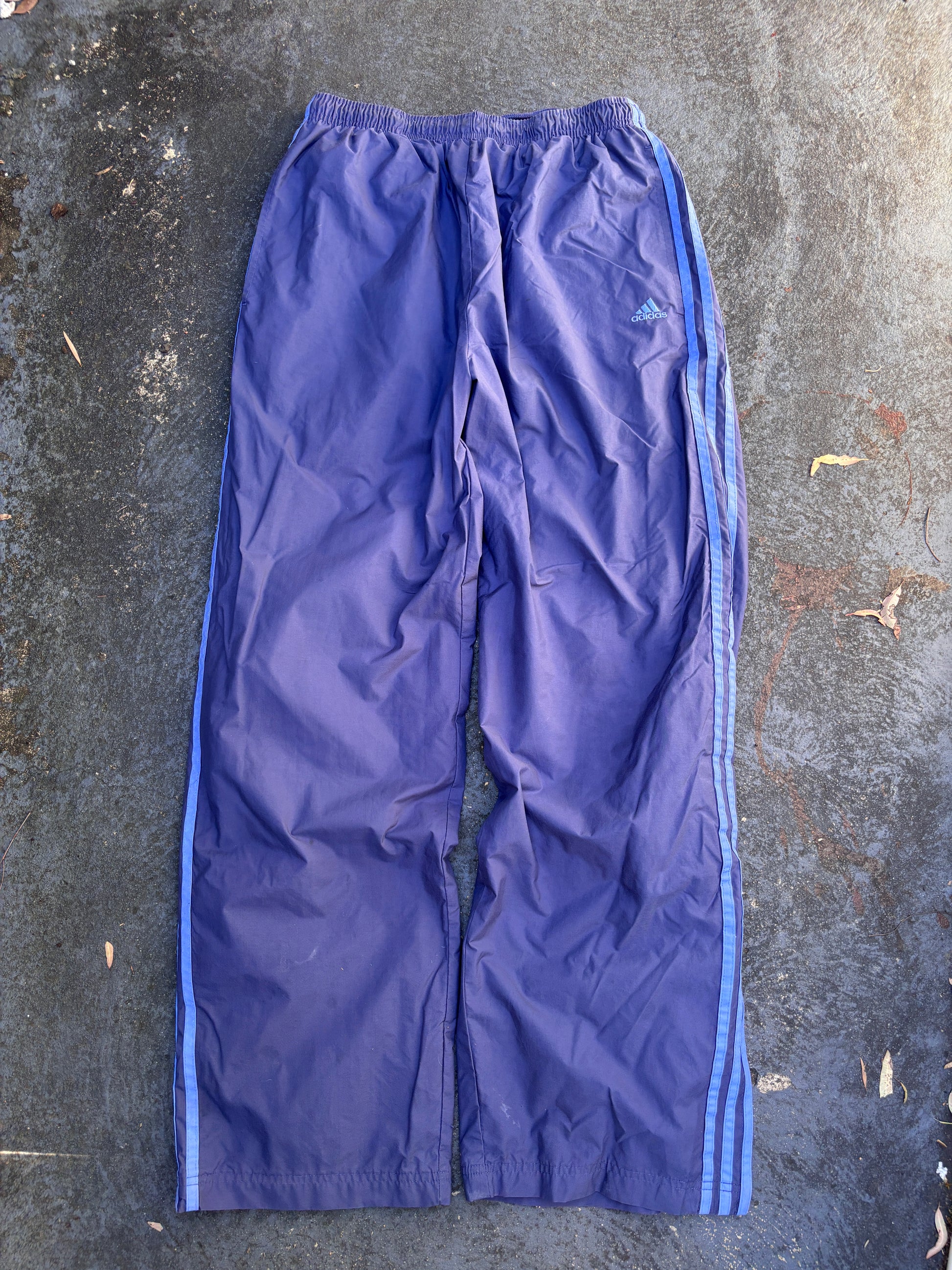 Vintage 90s Adidas Track Pants Size L Purple Blue 3-Stripes Wide Leg Ankle Zip