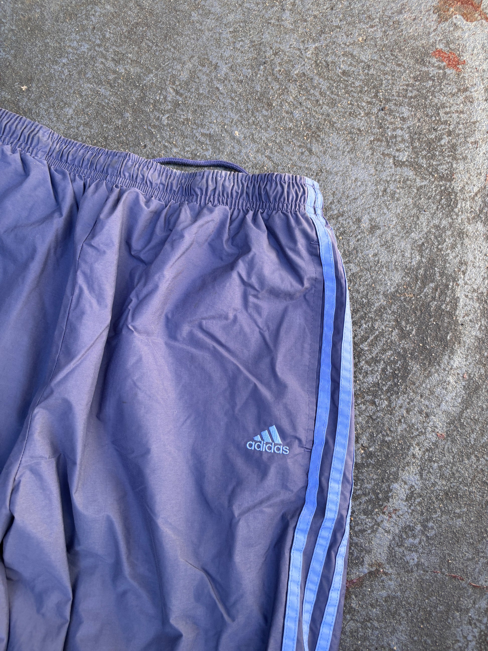 Vintage 90s Adidas Track Pants Size L Purple Blue 3-Stripes Wide Leg Ankle Zip