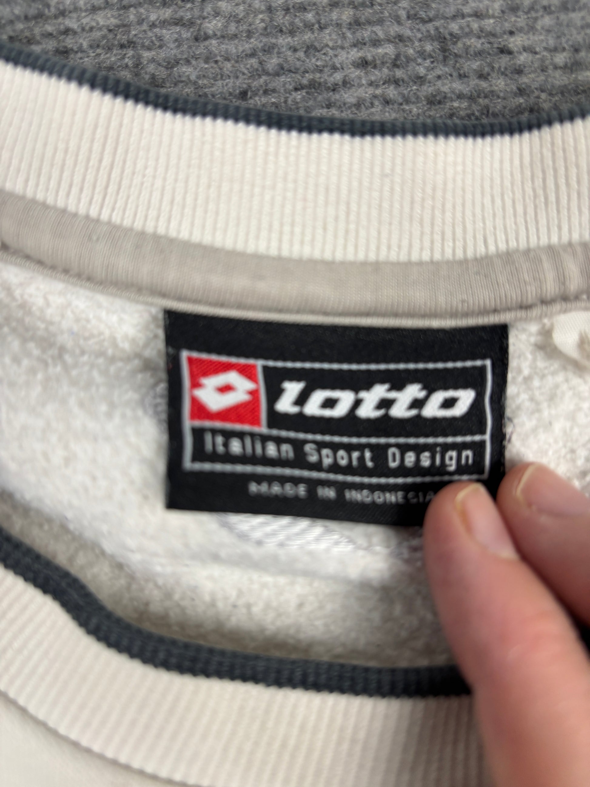 Vintage 90s Lotto Jumper Size XL White Black Spell Out Embroidered Logo Sweatshirt