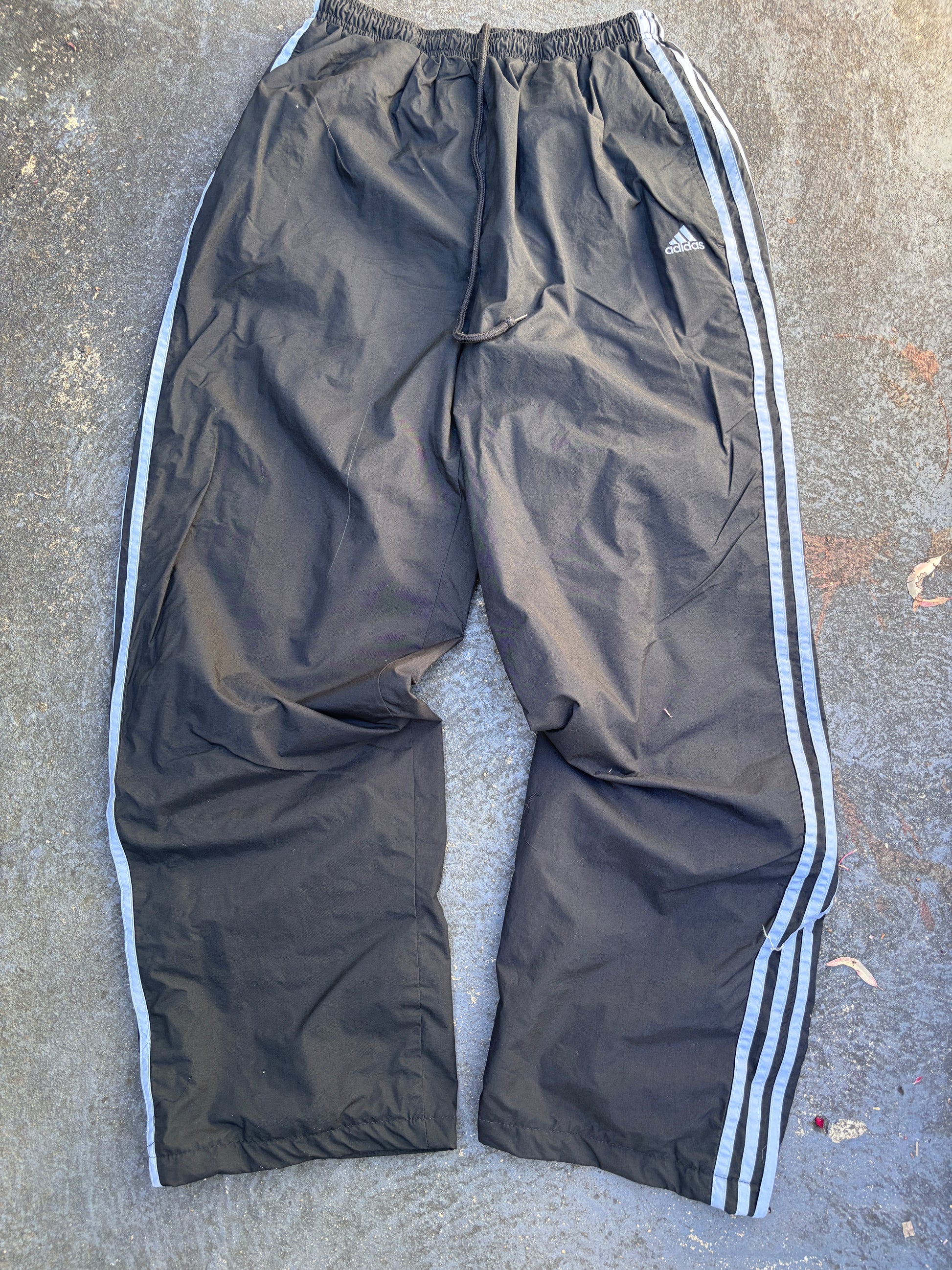 Vintage Y2K Adidas Track Pants Size M Black Blue 3-Stripes Classic Wide Leg Ankle Zip