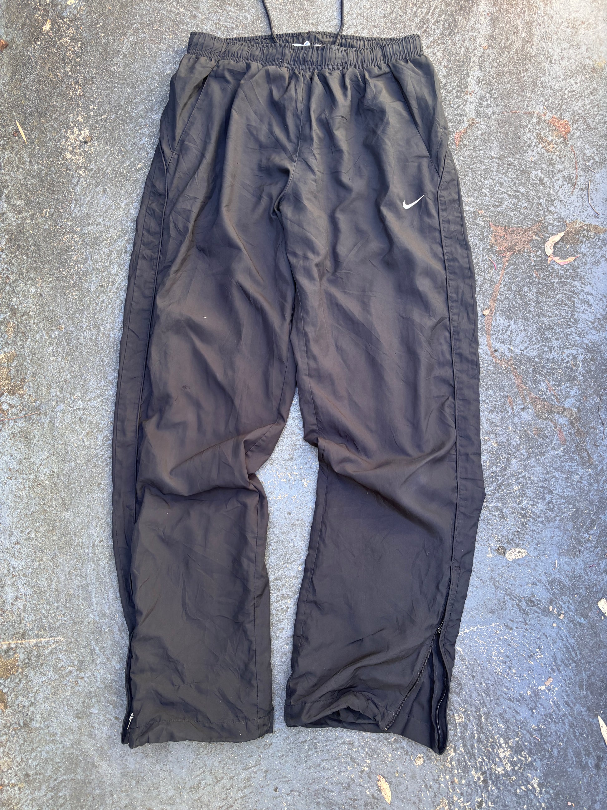 Nike Dri-Fit Track Pants Size M Black White Swoosh Wide Leg Ankle Zip + Bungee