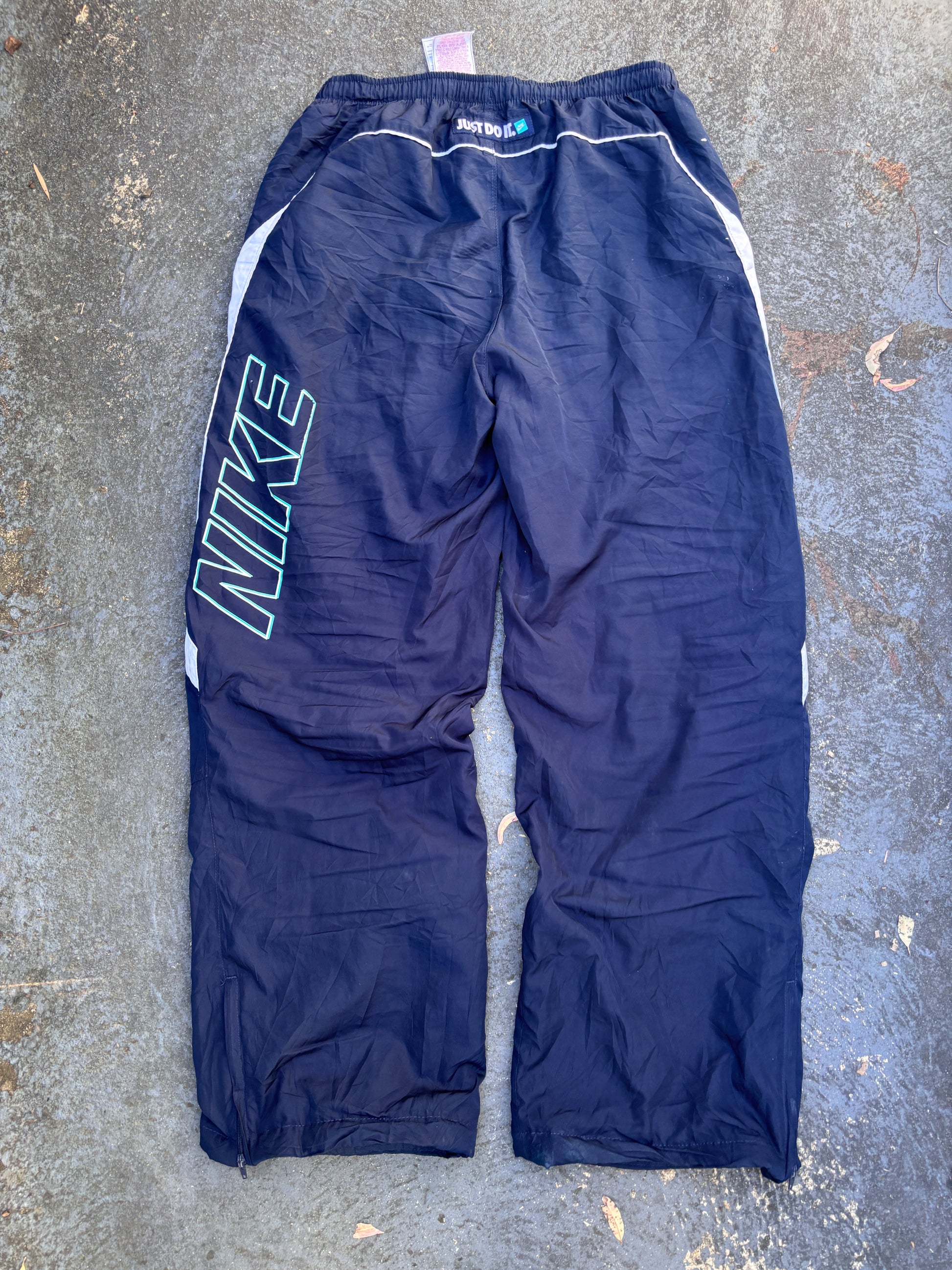 Vintage Y2K Nike Track Pants Size M Navy White Detail Just Do It Back Wide Leg Ankle Zip