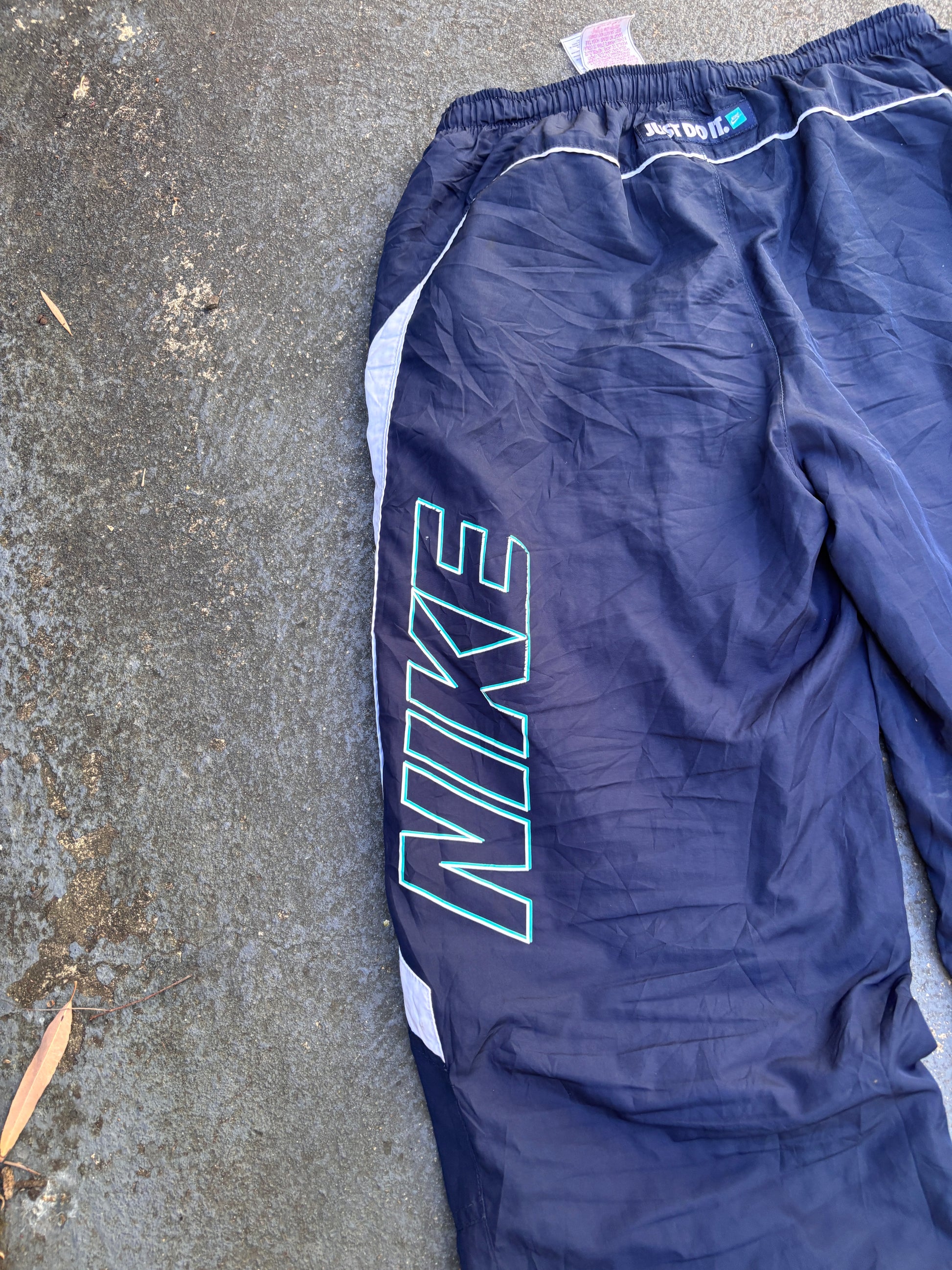 Vintage Y2K Nike Track Pants Size M Navy White Detail Just Do It Back Wide Leg Ankle Zip