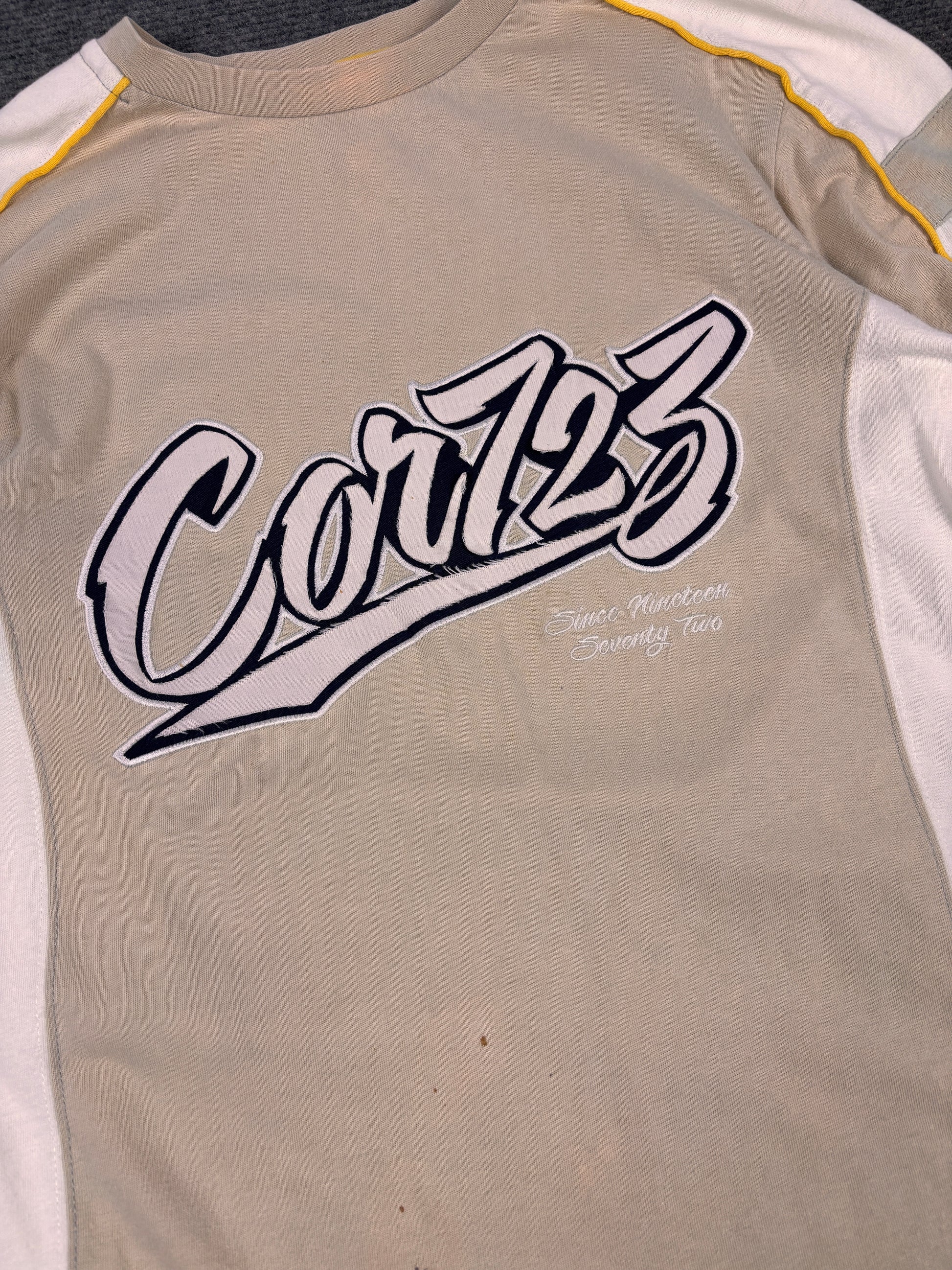 Vintage Y2K Nike T-Shirt Men’s S Brown White Cotton Cortez Graffiti Spell Out Sleeve Logo