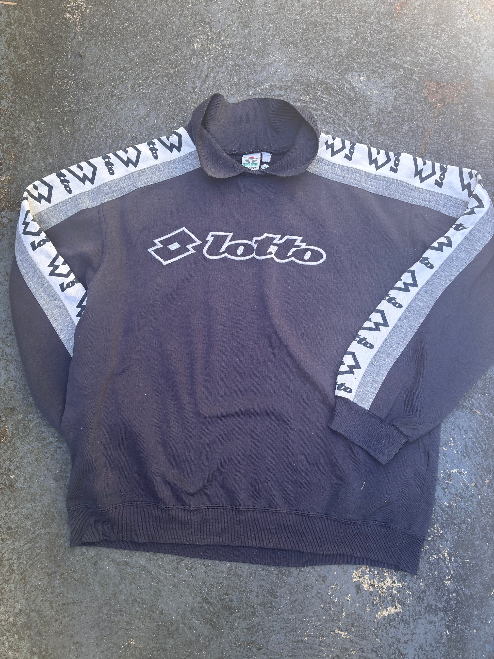 Vintage 90s Lotto Jumper Size L Navy Front Graphic Arm Logo Tape Collared Sweatshirt