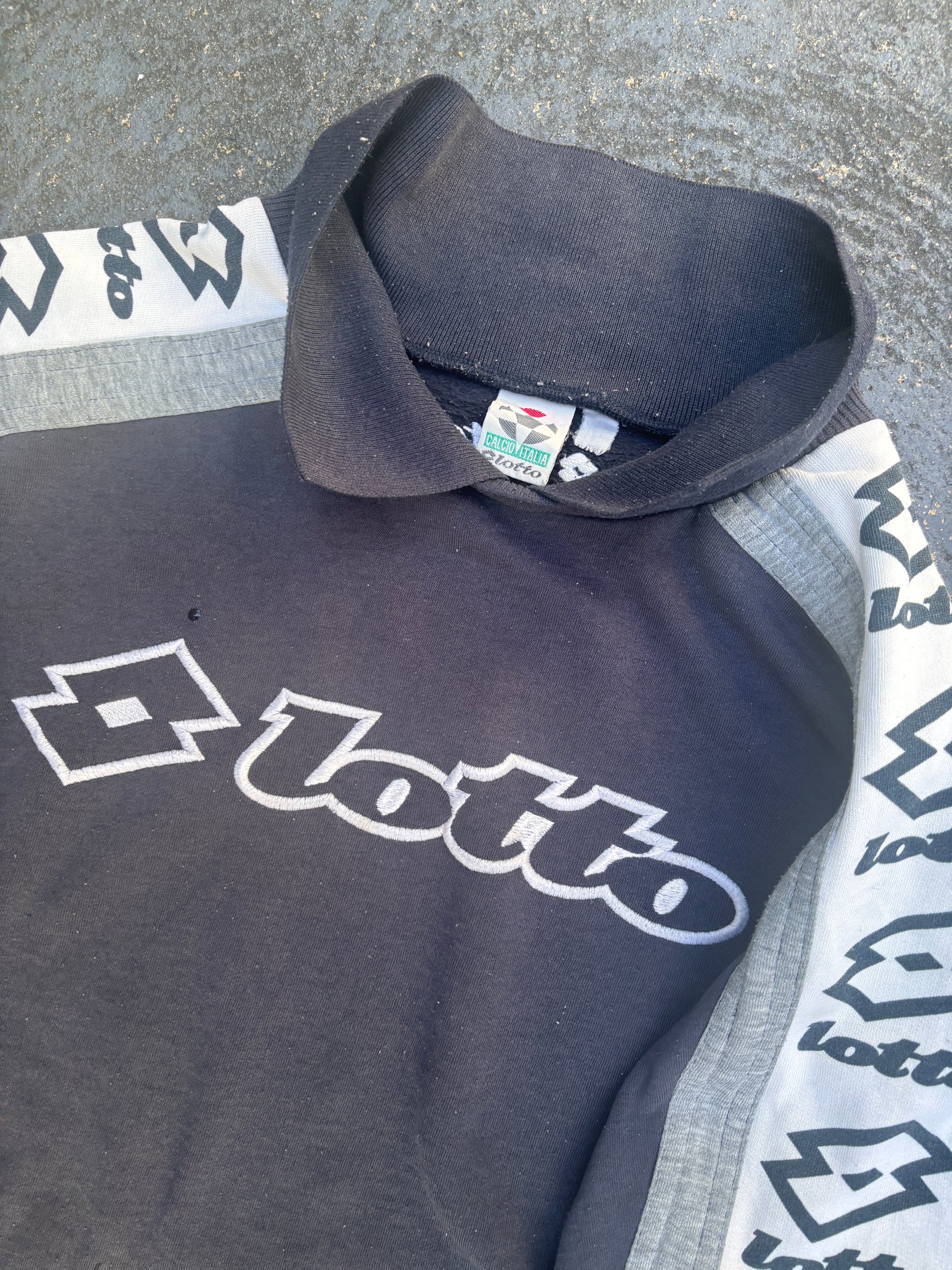 Vintage 90s Lotto Jumper Size L Navy Front Graphic Arm Logo Tape Collared Sweatshirt