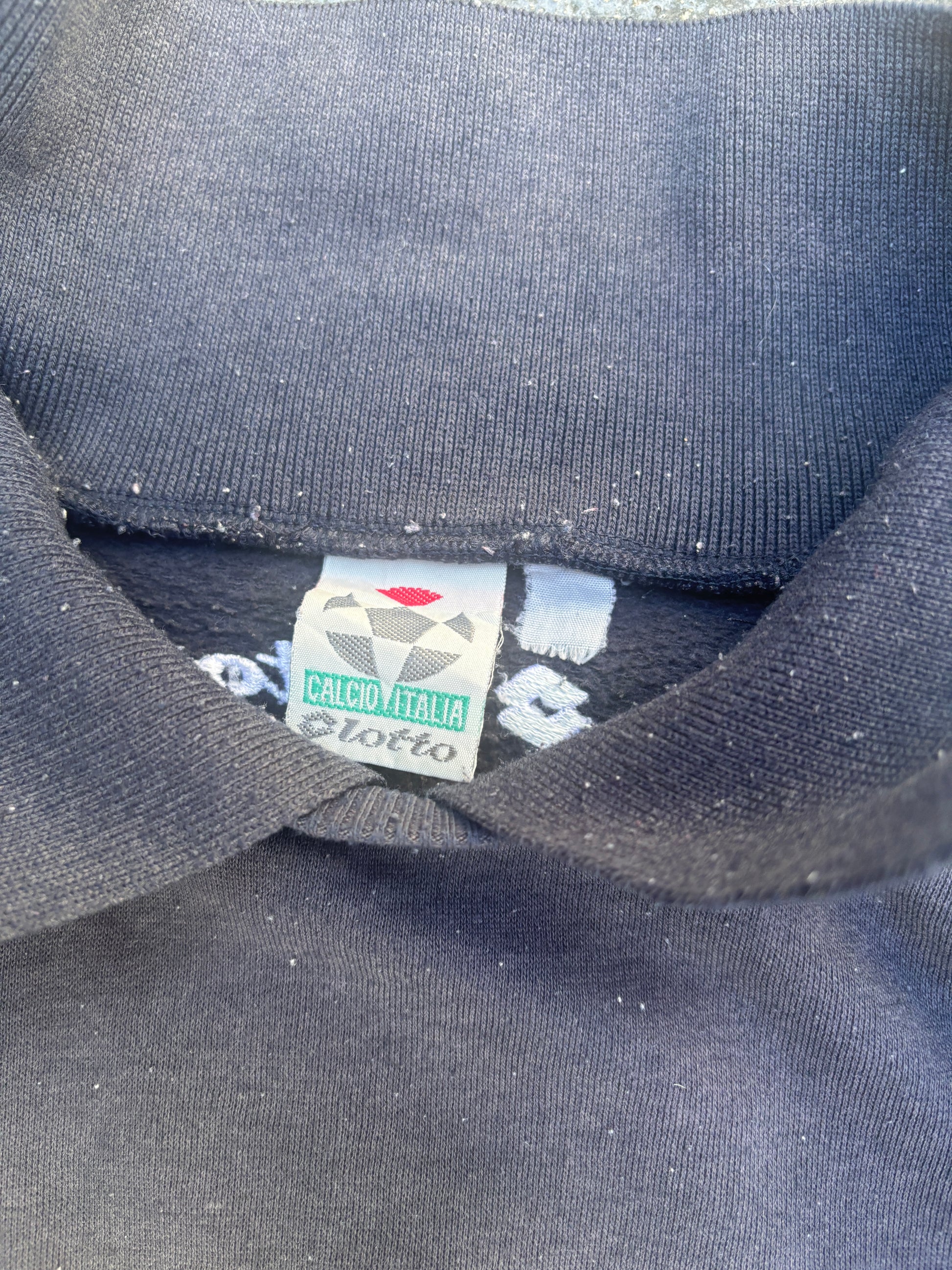 Vintage 90s Lotto Jumper Size L Navy Front Graphic Arm Logo Tape Collared Sweatshirt