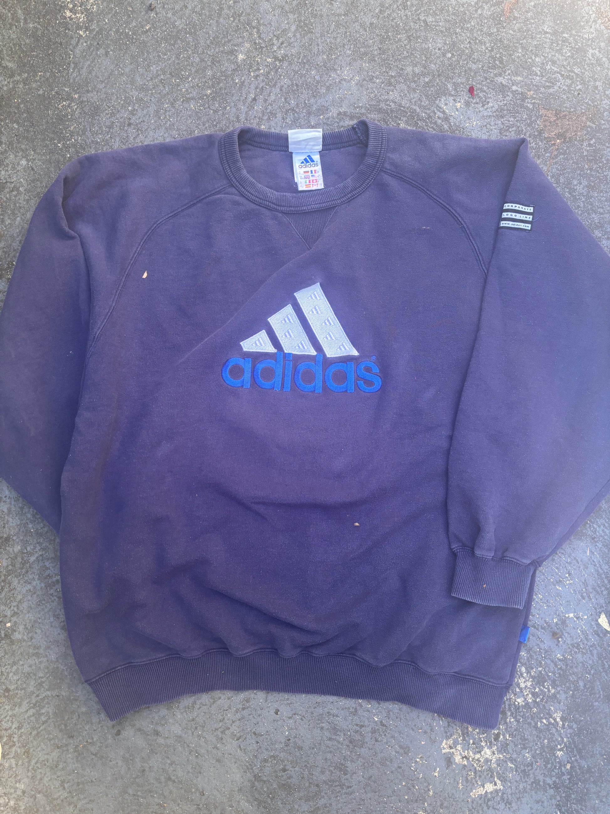 Vintage 90s Adidas Jumper Size XL Navy Large Front Graphic Faded Sweatshirt