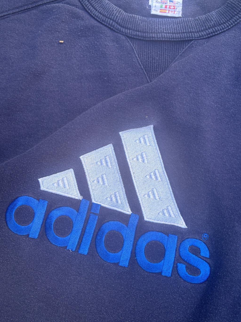 Vintage 90s Adidas Jumper Size XL Navy Large Front Graphic Faded Sweatshirt