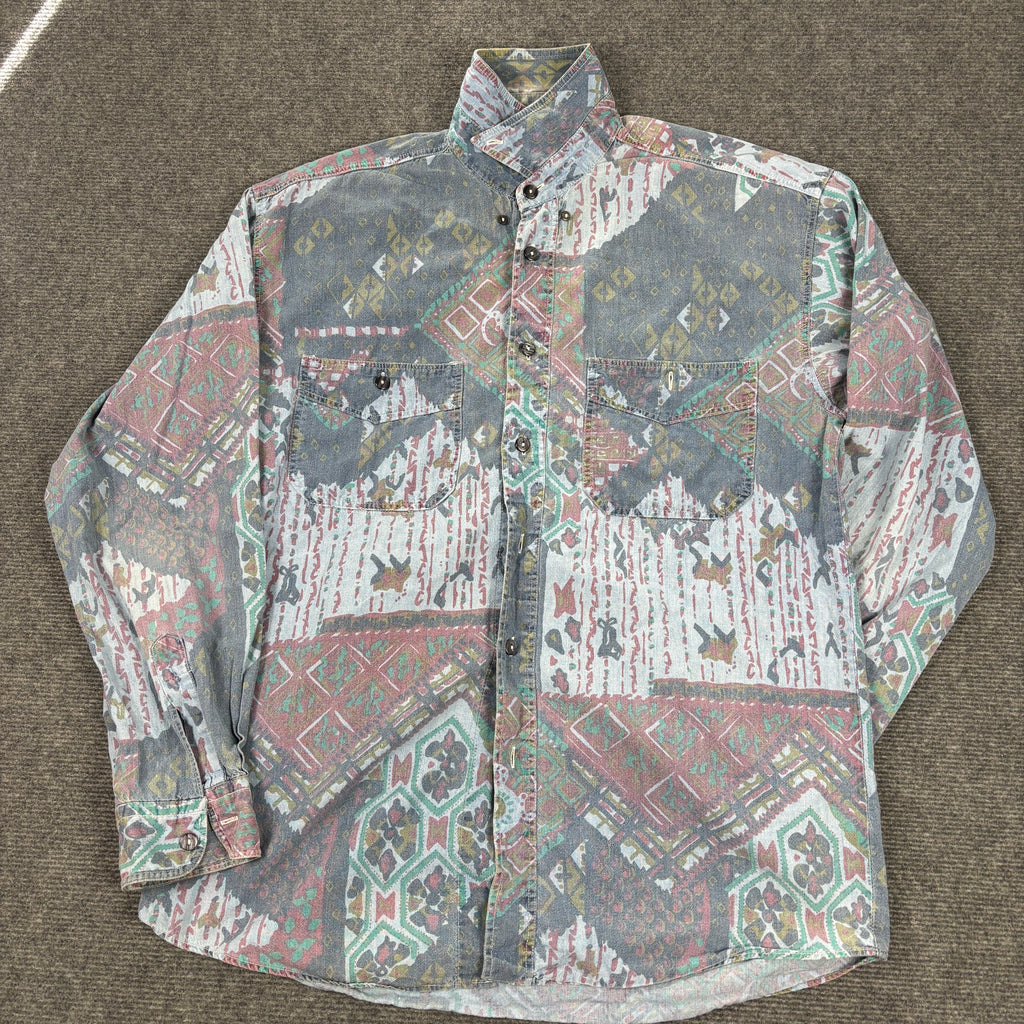 Vintage Abstract Pattern Shirt Men's M English Cotton Button Up