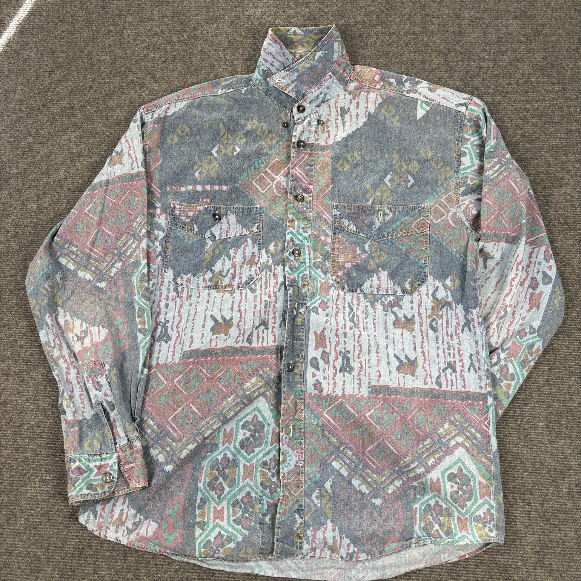 Vintage Abstract Pattern Shirt Men's M English Cotton Button Up