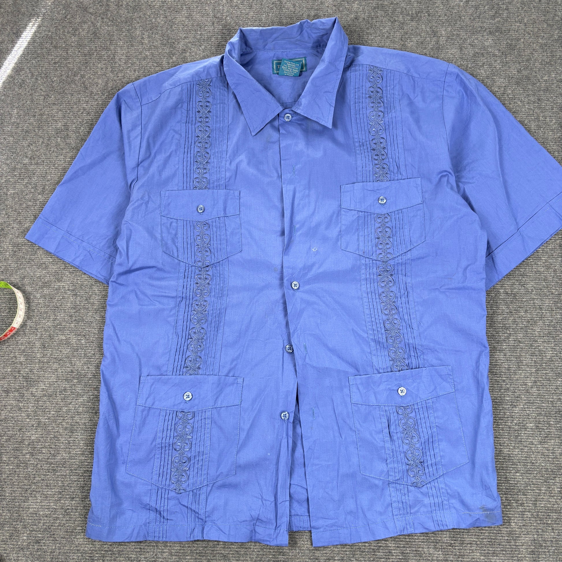 Vintage Cuban Shirt Men's Large Blue Embroidered Pattern 4 Pocket Golf Fit