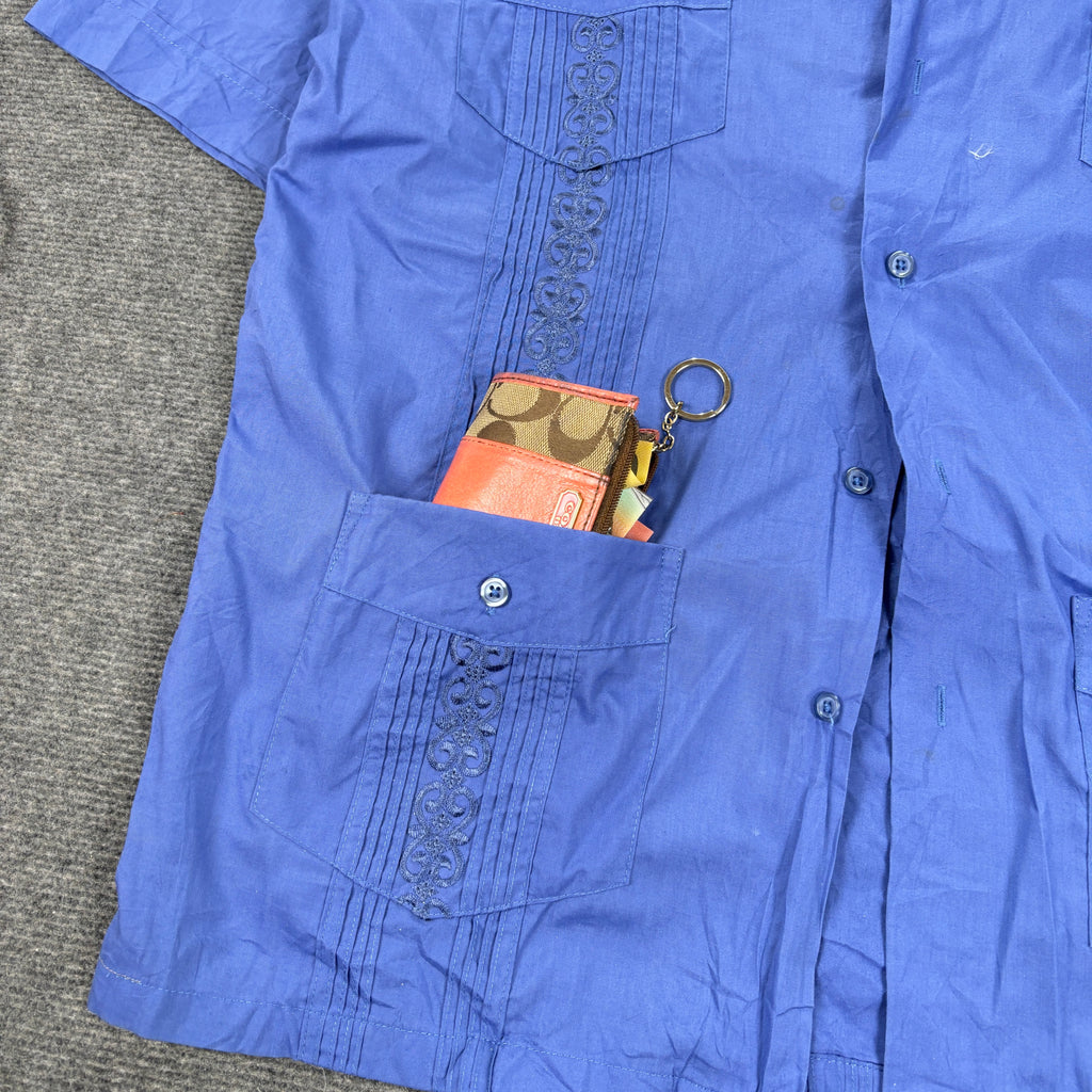 Vintage Cuban Shirt Men's Large Blue Embroidered Pattern 4 Pocket Golf Fit