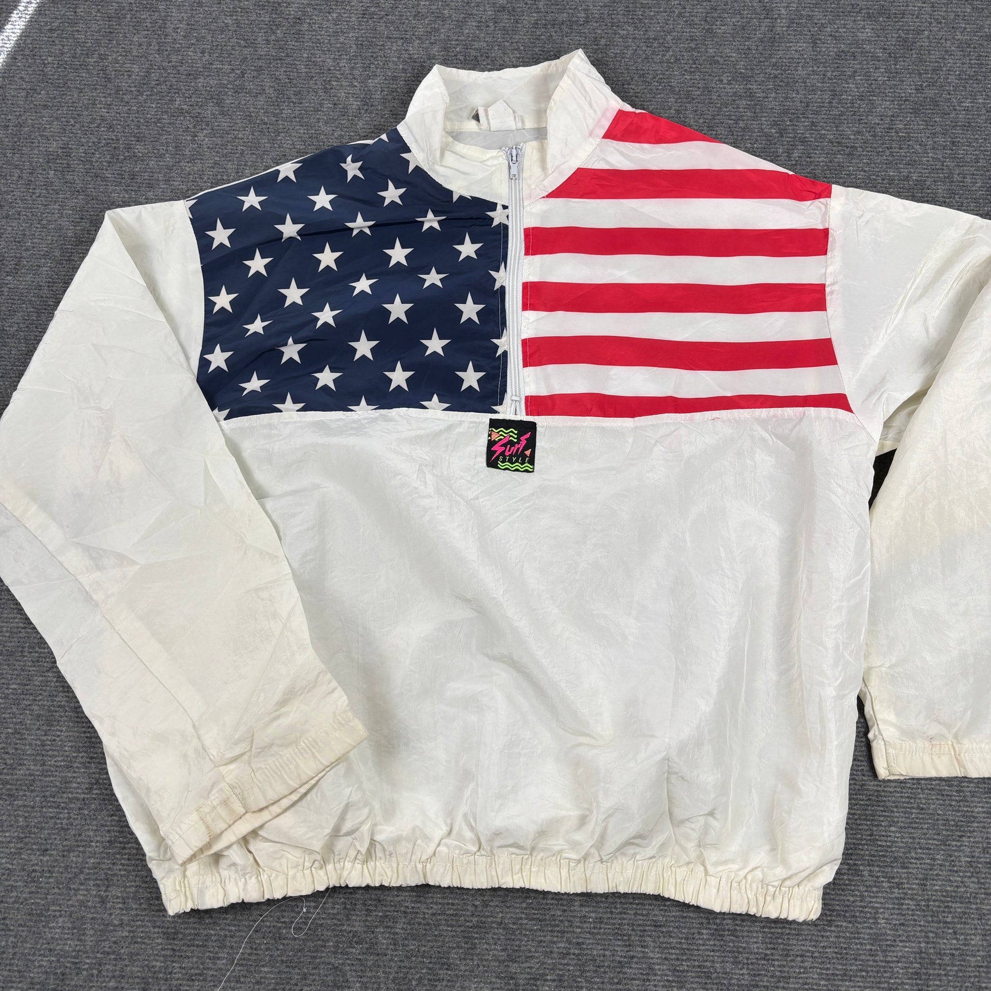 Vintage Surf Style Light 1/4 Zip Jacket Men's XL White American Flag Windbreaker