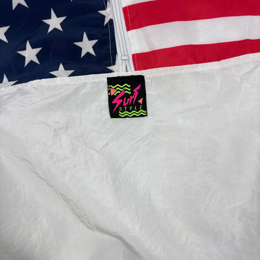 Vintage Surf Style Light 1/4 Zip Jacket Men's XL White American Flag Windbreaker