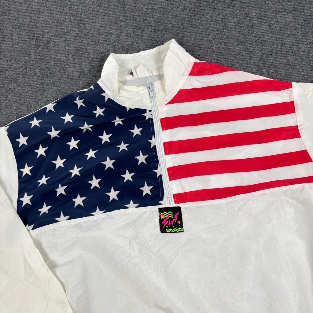 Vintage Surf Style Light 1/4 Zip Jacket Men's XL White American Flag Windbreaker