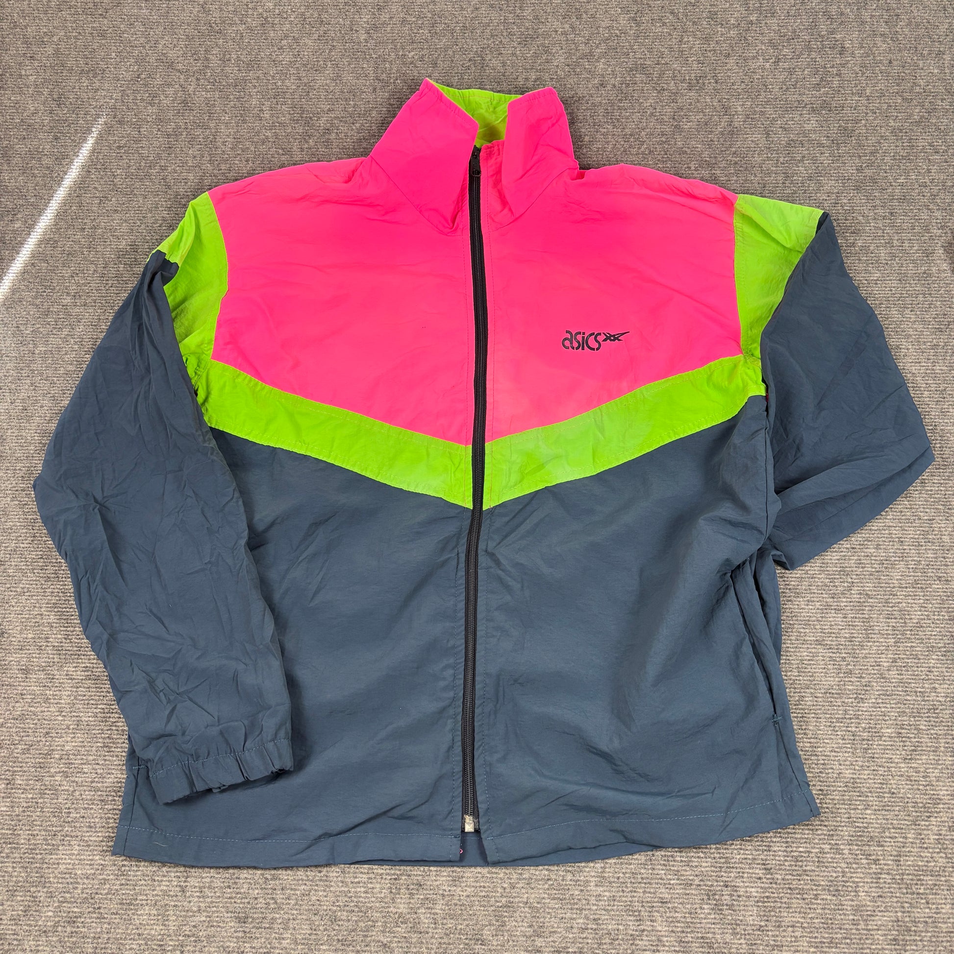 Vintage 90s ASICS Jacket Men's L Fluro Pink Green Blue Retro Windbreaker