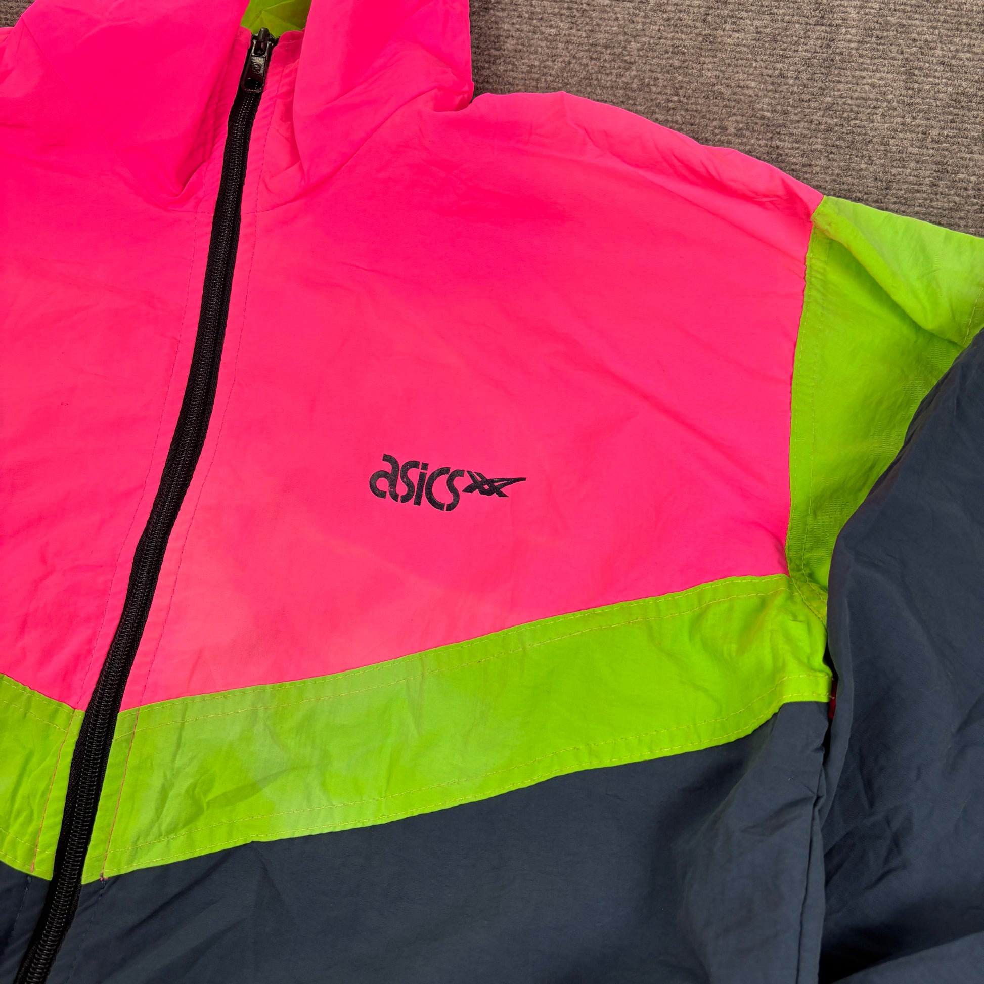 Vintage 90s ASICS Jacket Men's L Fluro Pink Green Blue Retro Windbreaker