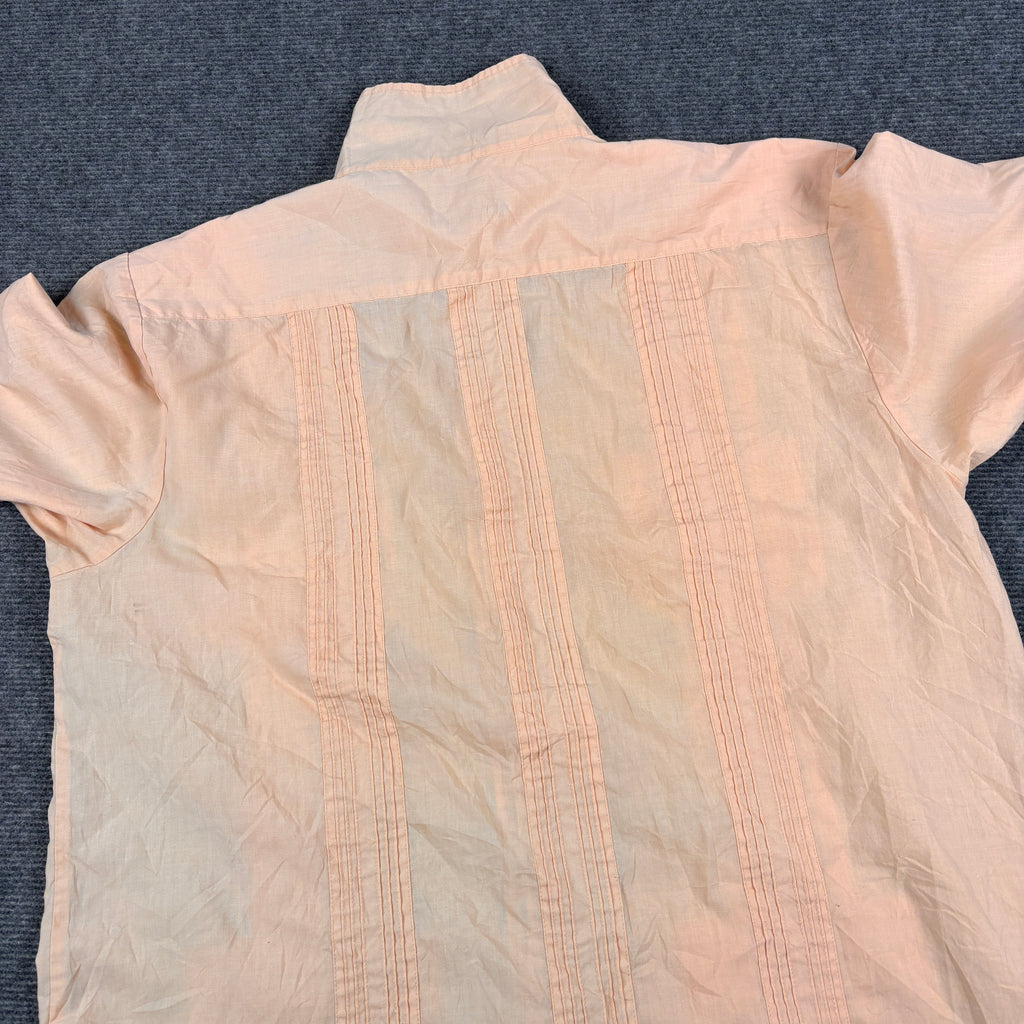 Vintage Cuban Shirt Men's Large Salmon Pink Embroidered Pattern 4 Pocket Leisure wear