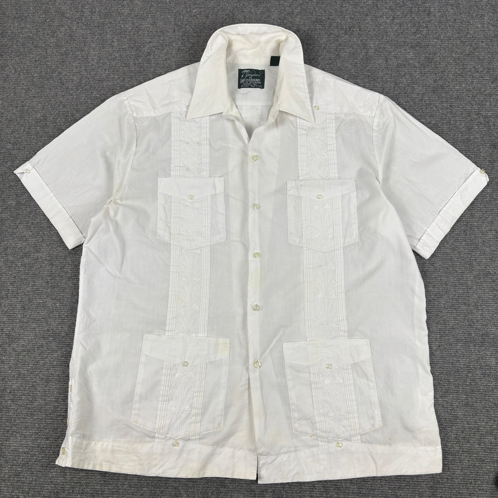 90s Retro Guayaber Cuban Shirt Men's Large White Embroidered Pattern 4 Pocket