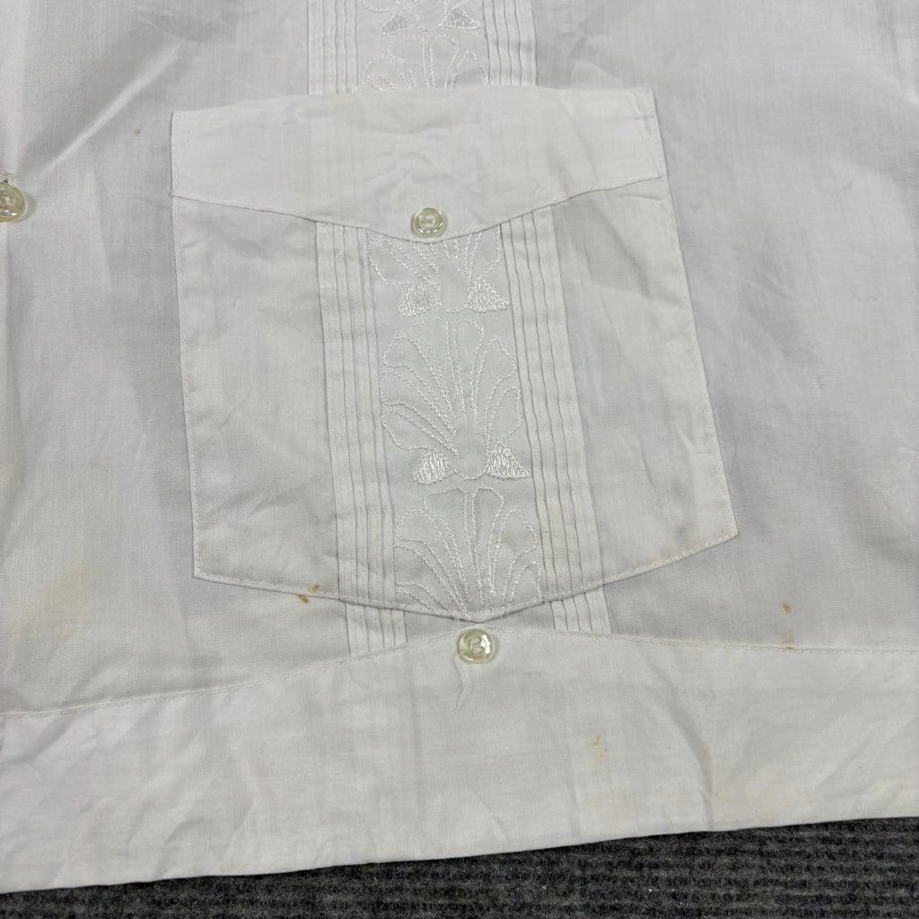 90s Retro Guayaber Cuban Shirt Men's Large White Embroidered Pattern 4 Pocket
